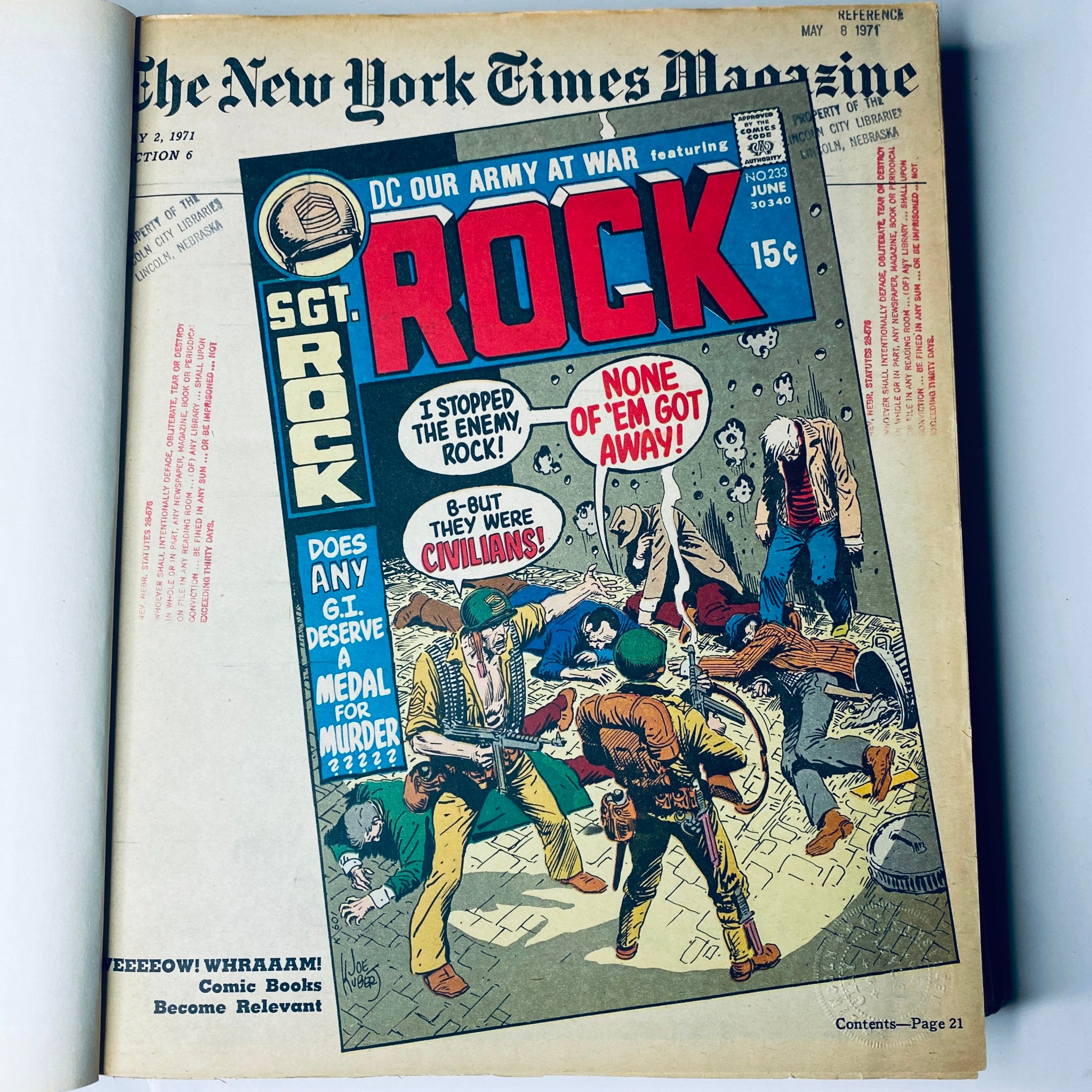 Front cover of The New York Times Library Edition Bound Magazine May 2, 1971, showcasing the comic 'Sgt. Rock' with colorful graphics and publication details.