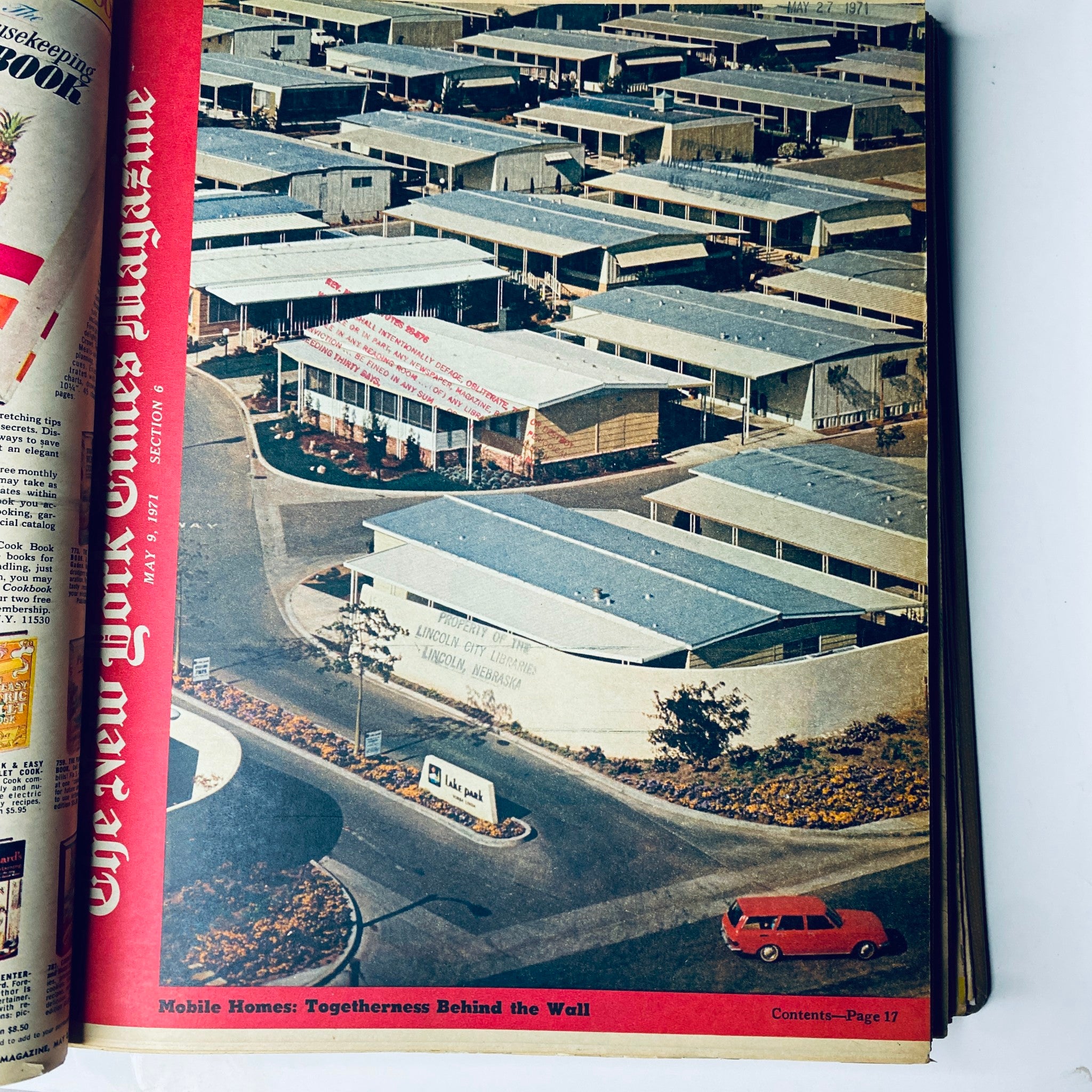 Inside page of The New York Times Library Edition Bound Magazine May 9, 1971, featuring an aerial view of mobile homes with publication information.