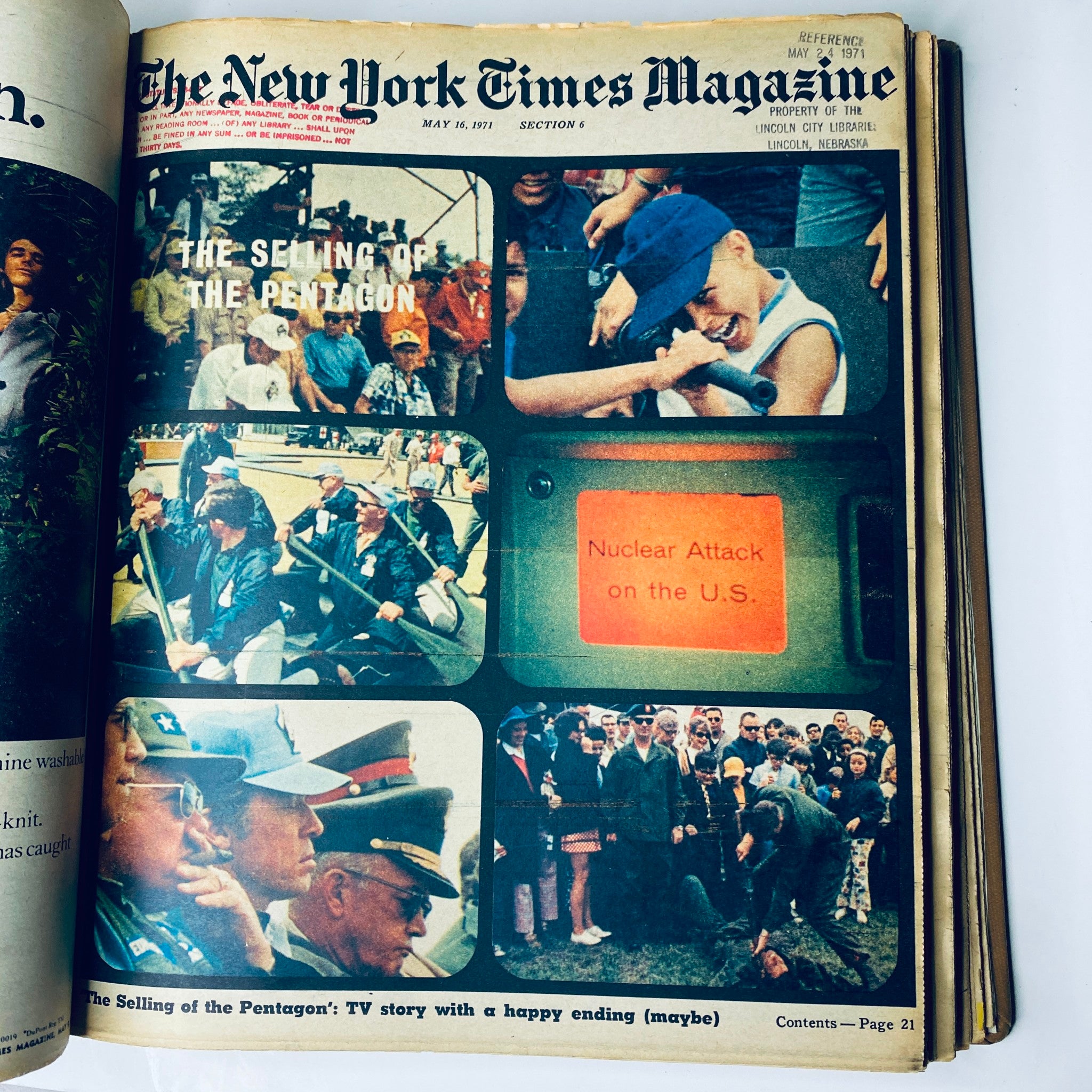 Inside page of The New York Times Library Edition Bound Magazine May 16, 1971, displaying coverage titled 'The Selling of the Pentagon' with historical images.