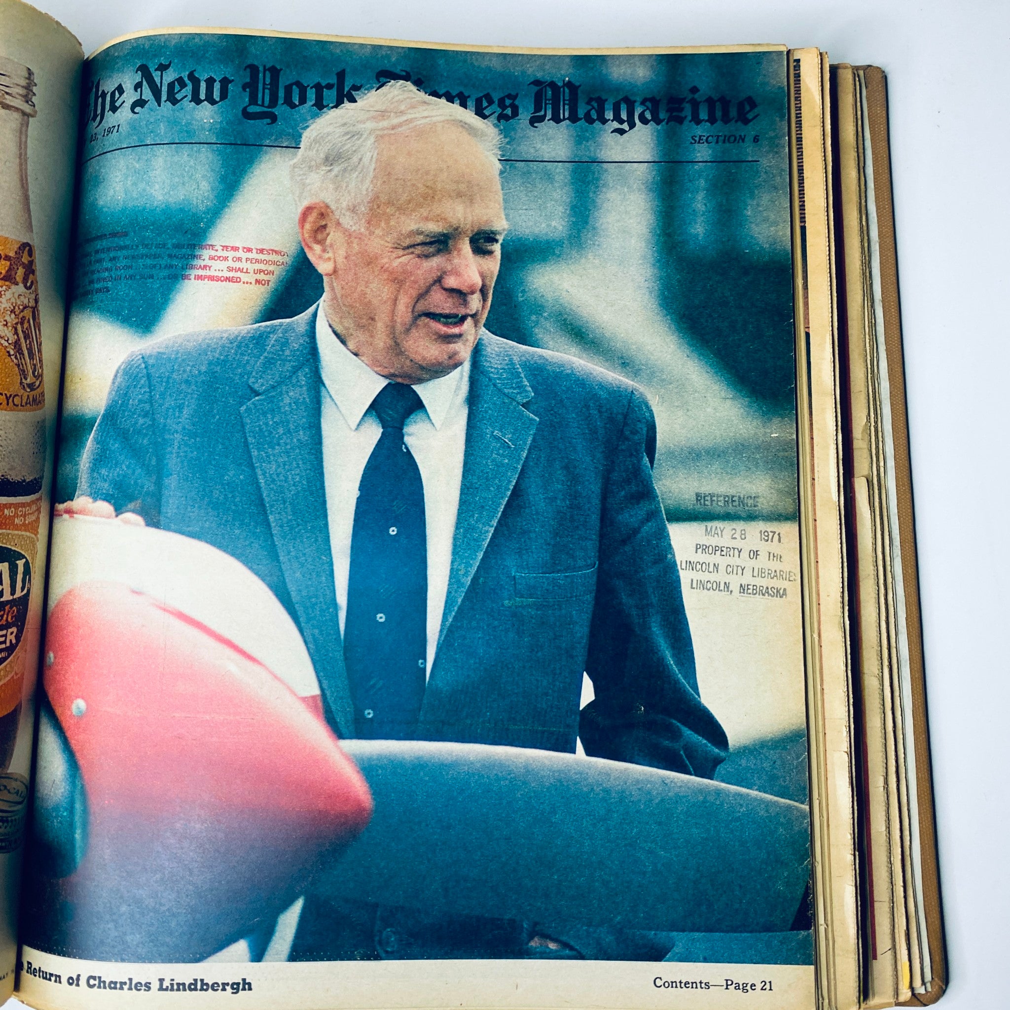 The New York Times Library Edition Bound Magazine from May to June 1971 featuring a man in a suit smiling while holding onto an airplane wing.