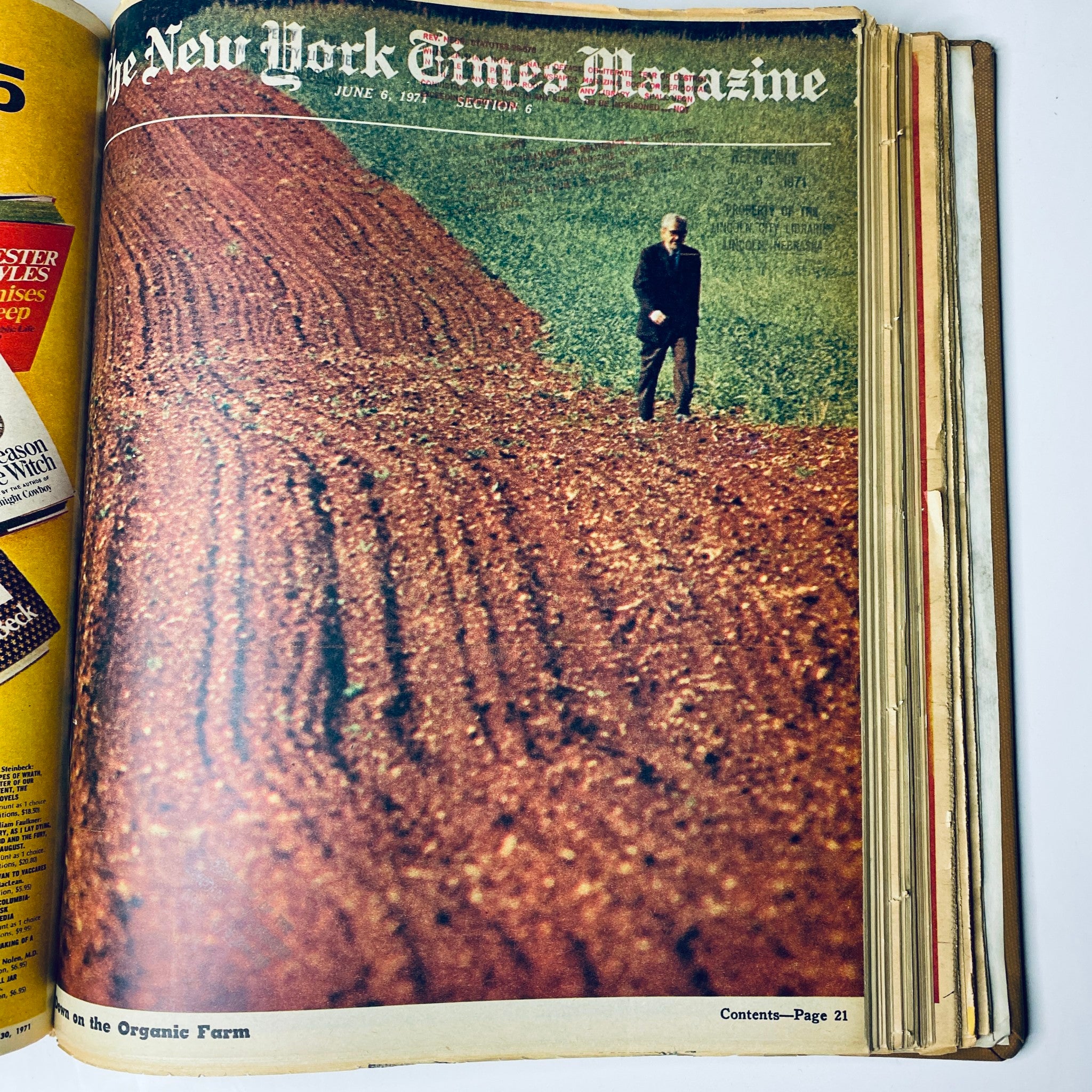 The New York Times Library Edition Bound Magazine from May to June 1971 depicting a man walking through a plowed field.