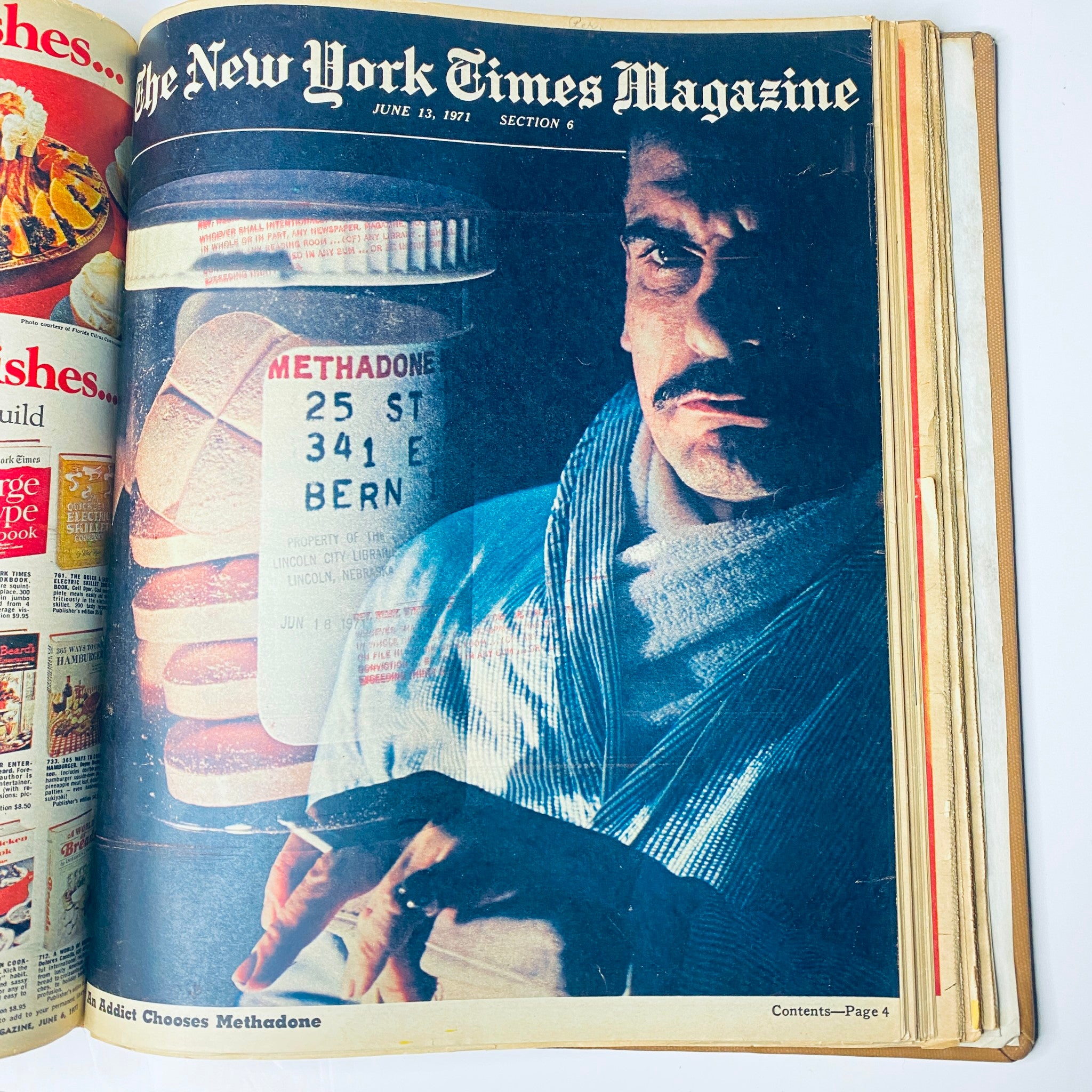 The New York Times Library Edition Bound Magazine from May to June 1971 featuring a man in a robe holding a bottle labeled 'Methadone' with a serious expression.