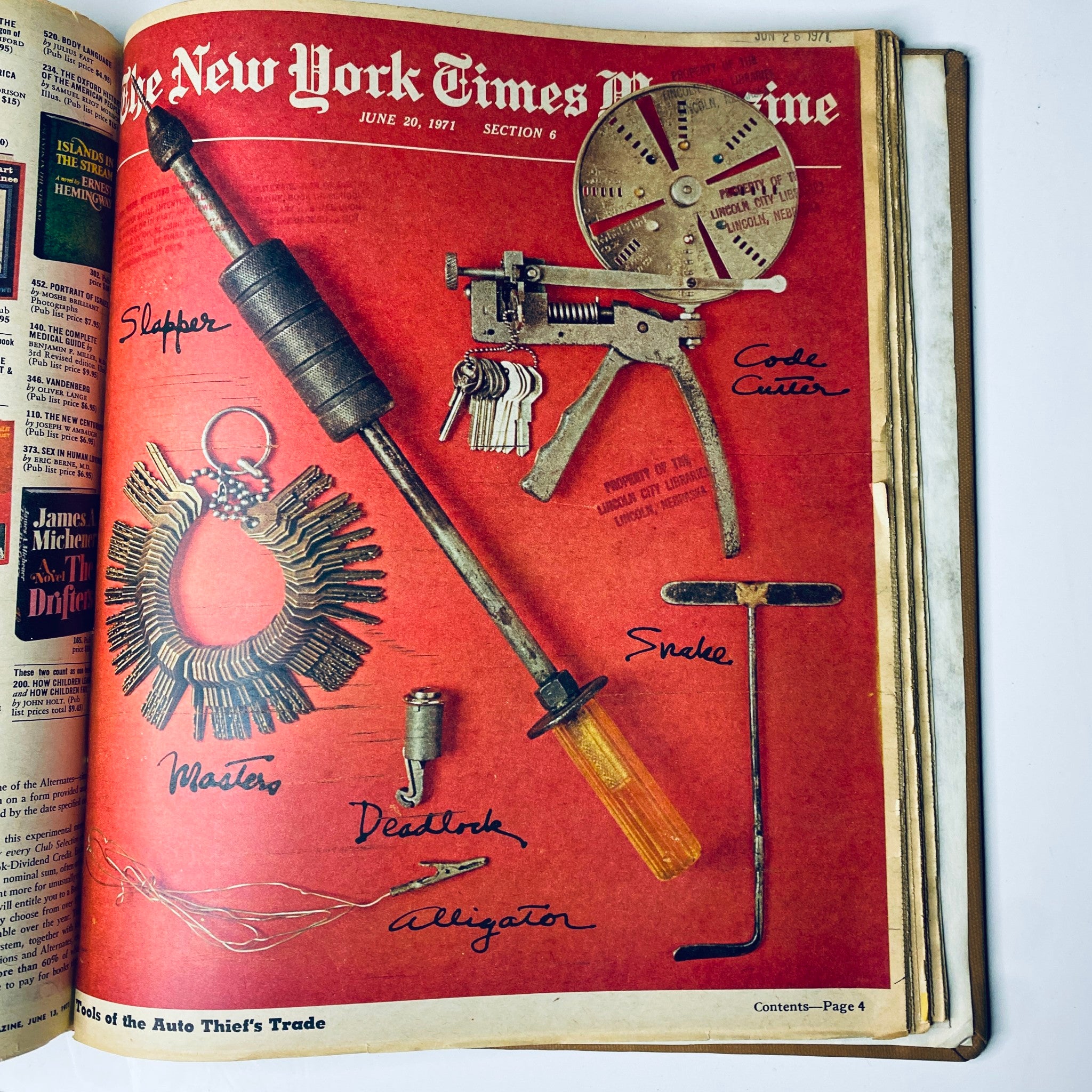 The New York Times Library Edition Bound Magazine from May to June 1971 displaying various tools associated with auto thieves against a red background.