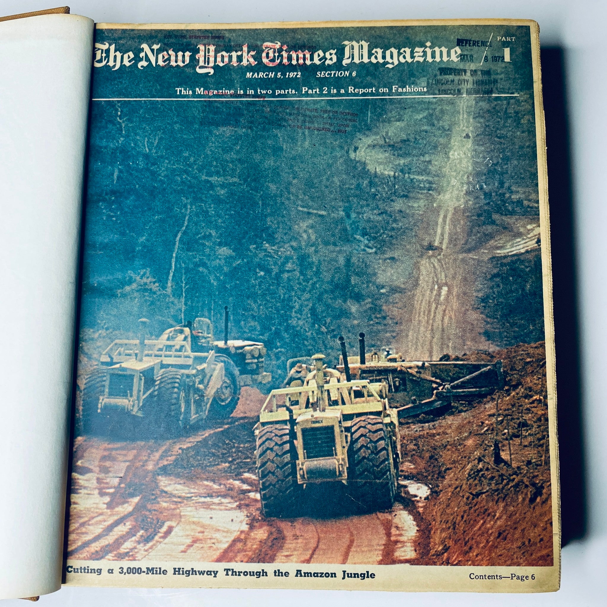 The New York Times Magazine March 5, 1972 edition featuring an article on cutting a 3,000-mile highway through the Amazon jungle with an image of heavy machinery in a lush forest setting.