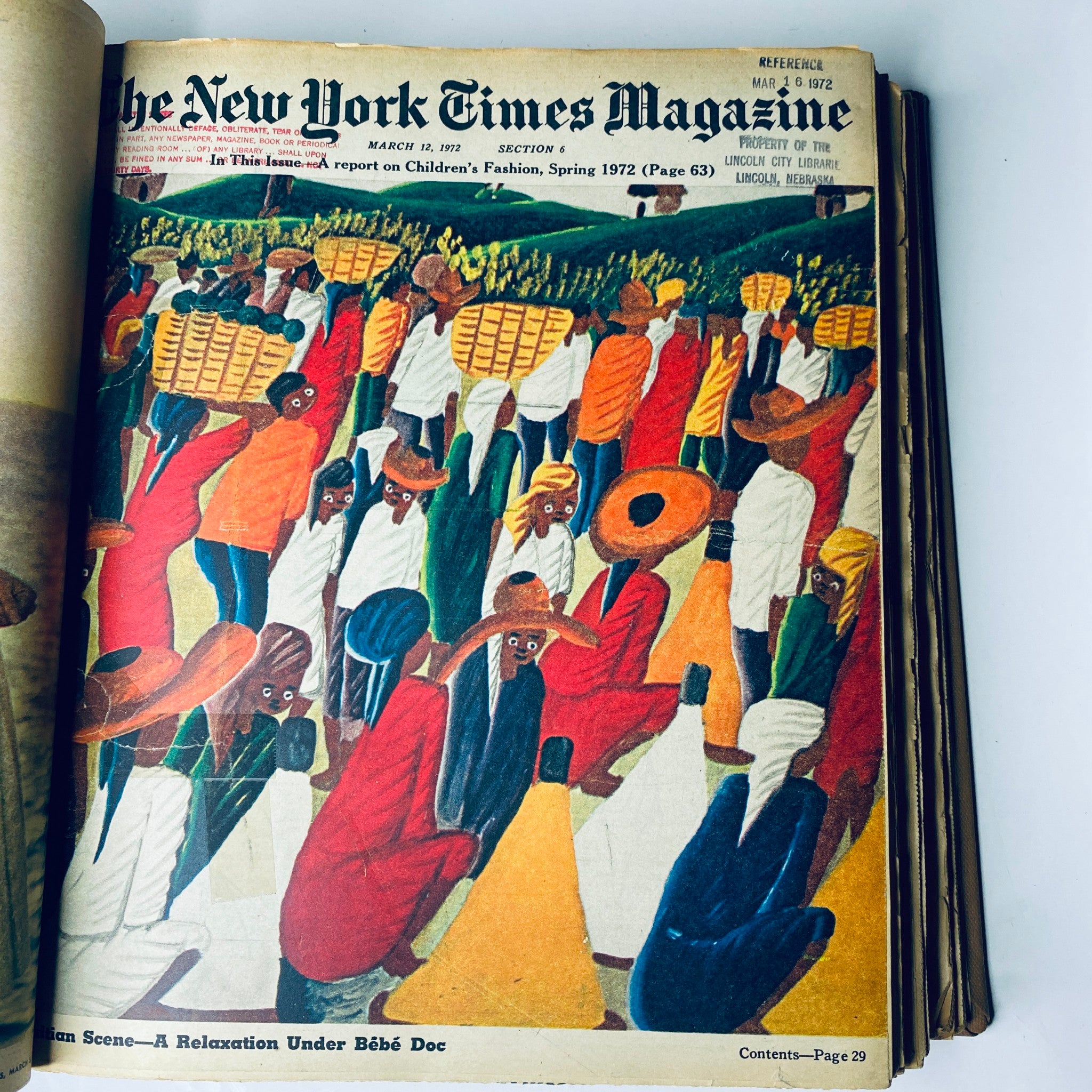 The New York Times Magazine March 12, 1972 edition depicting an article on children's fashion accompanied by a vibrant illustration of a market scene featuring people in traditional attire.