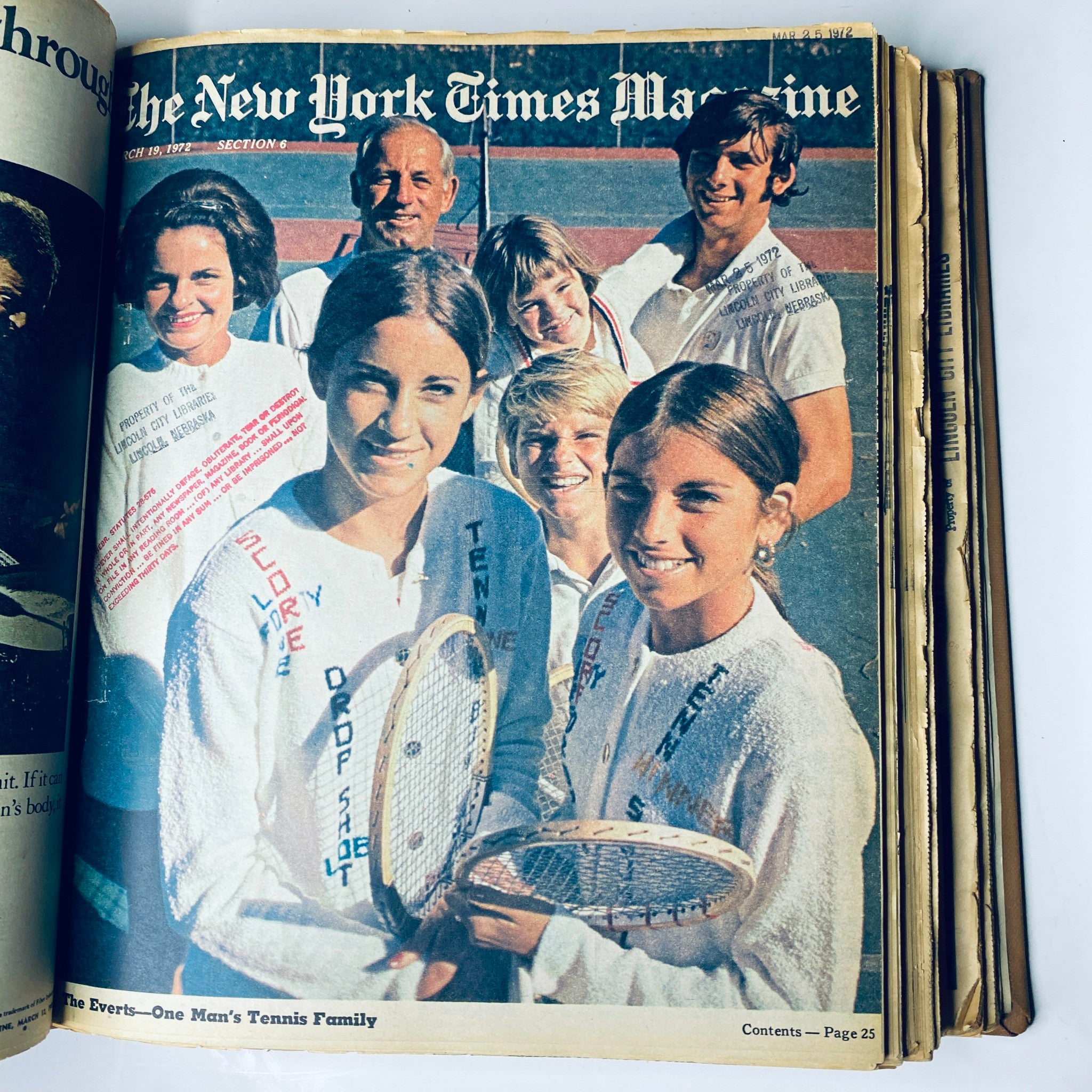 The New York Times Magazine March 19, 1972 edition highlighting a family of tennis players in a joyful portrait, emphasizing the personal and competitive spirit of the sport.