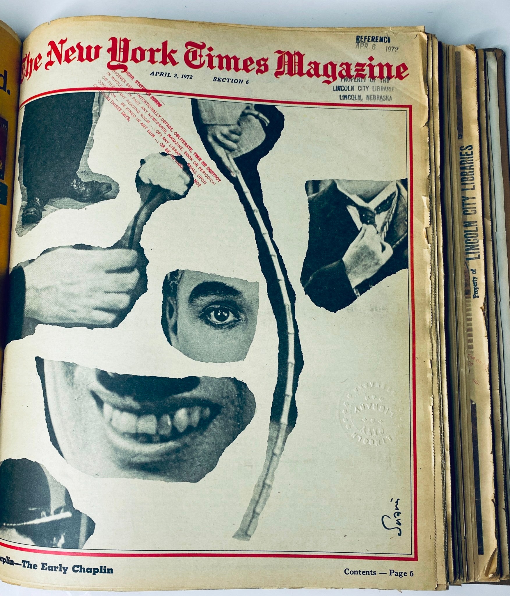 Cover of The New York Times Magazine, April 2, 1972, featuring an artistic collage related to The Early Chaplin and stamped 'Lincoln City Library'.
