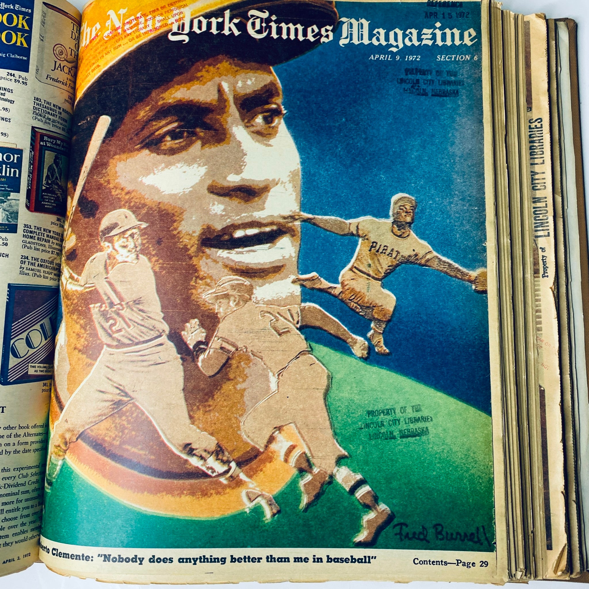 Cover of The New York Times Magazine, April 9, 1972, highlighting Roberto Clemente with a colorful illustration of baseball action and 'Property of Lincoln City Libraries' stamp.