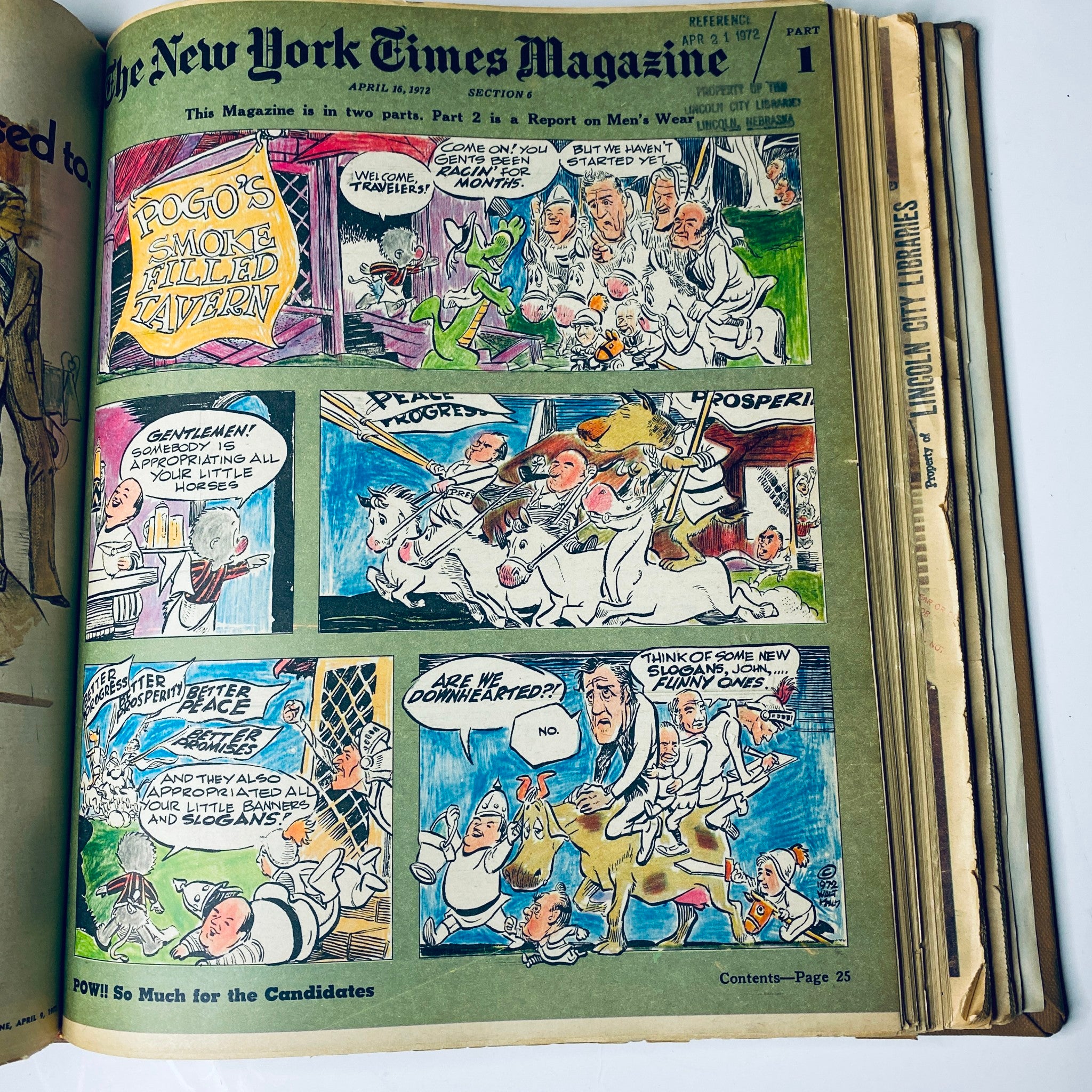 Interior page of The New York Times Magazine, April 16, 1972, showcasing a political cartoon featuring Pogo, with humor about candidates, part of the Spiderman Political Cartoon series.