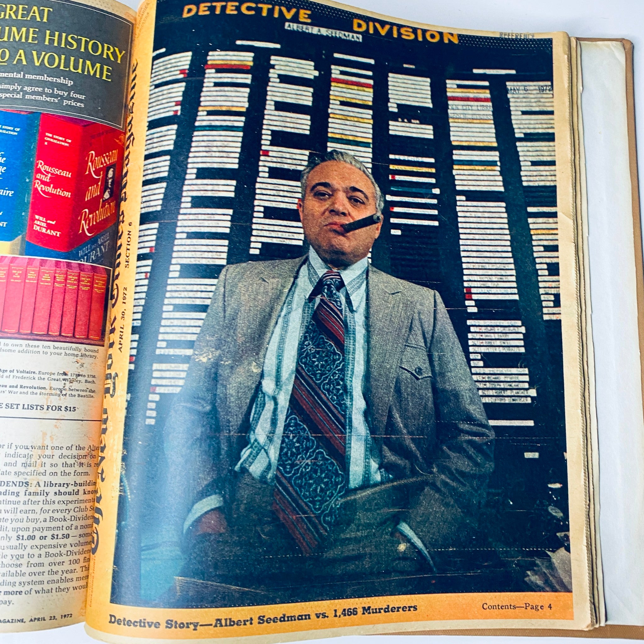 The New York Times Magazine April 1972 cover portraying a detective in a suit with a cigar, showcasing the Detective Division theme for the April 30, 1972 issue included in the archival volume.