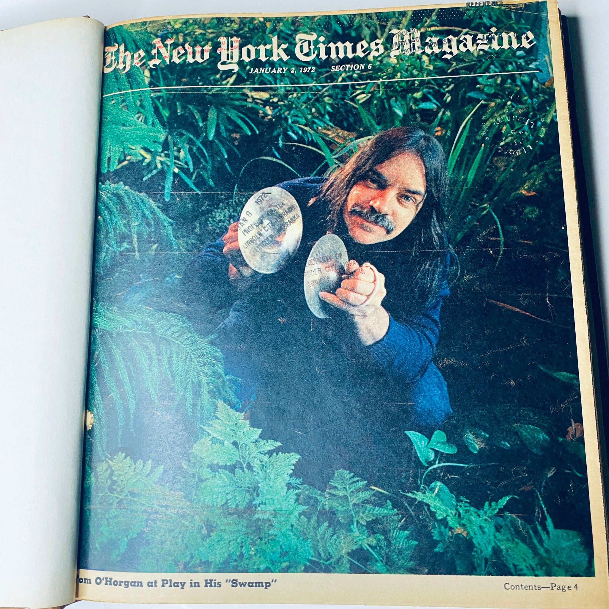 The New York Times Library Edition Bound Magazine 1972 January - February cover for January 2, with a photo of a man in nature holding two circular objects.