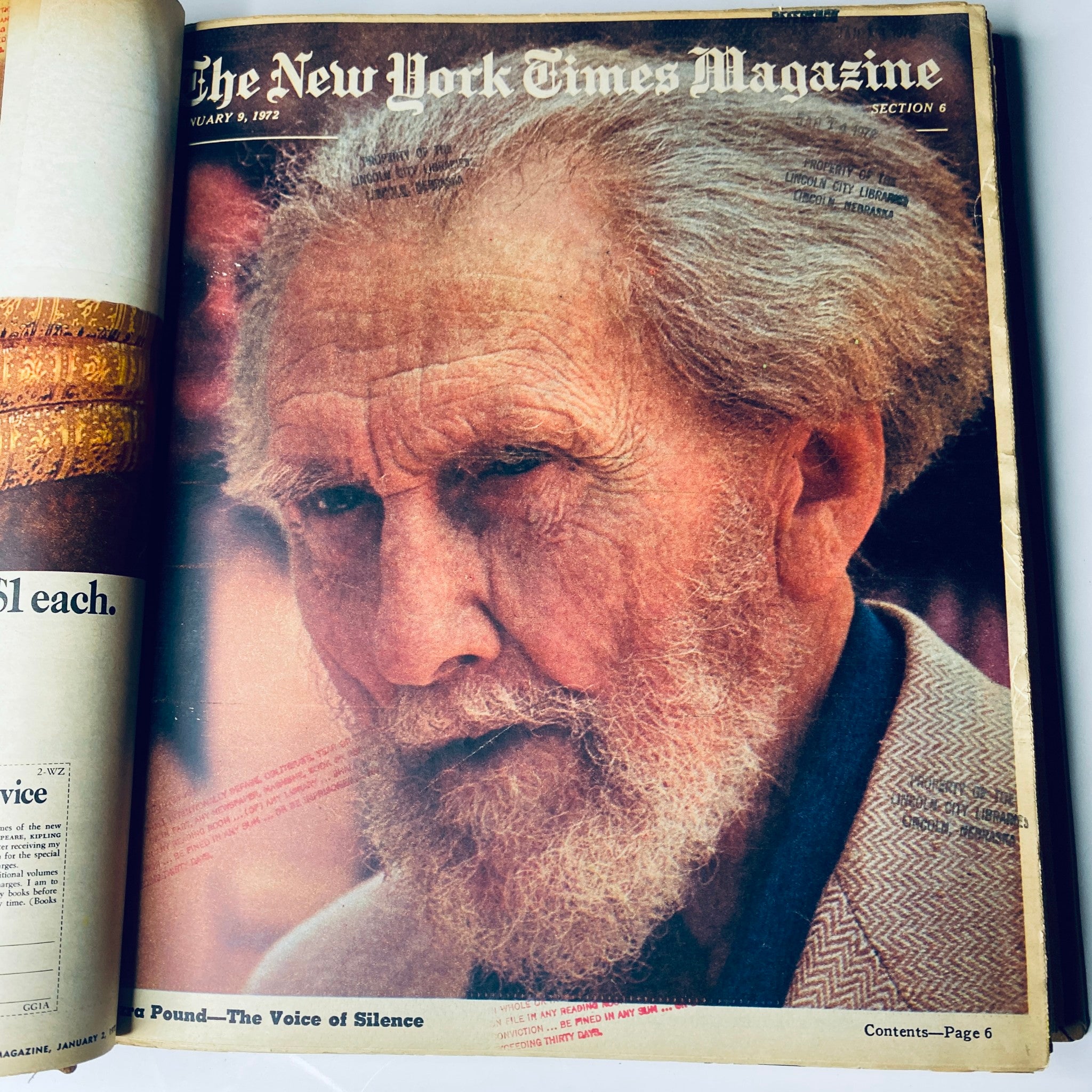 The New York Times Library Edition Bound Magazine 1972 January - February cover for January 9, featuring a close-up photograph of poet Ezra Pound.