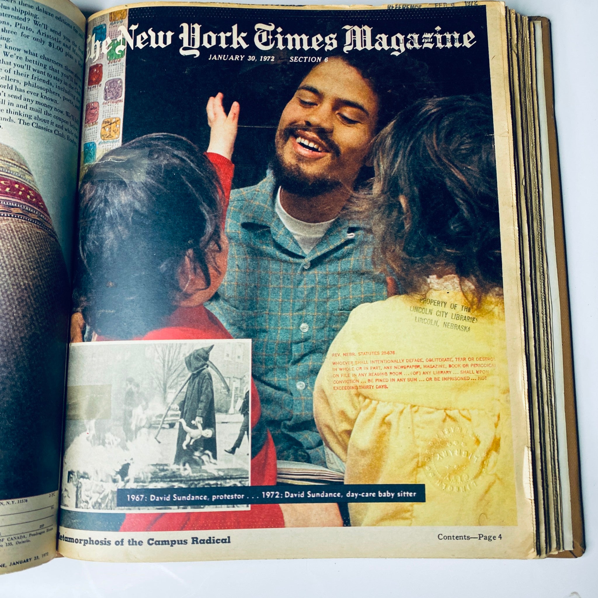 Cover image of The New York Times Magazine, January 30, 1972, depicting a man smiling with children, reflecting the social themes of family and community during the early 1970s.