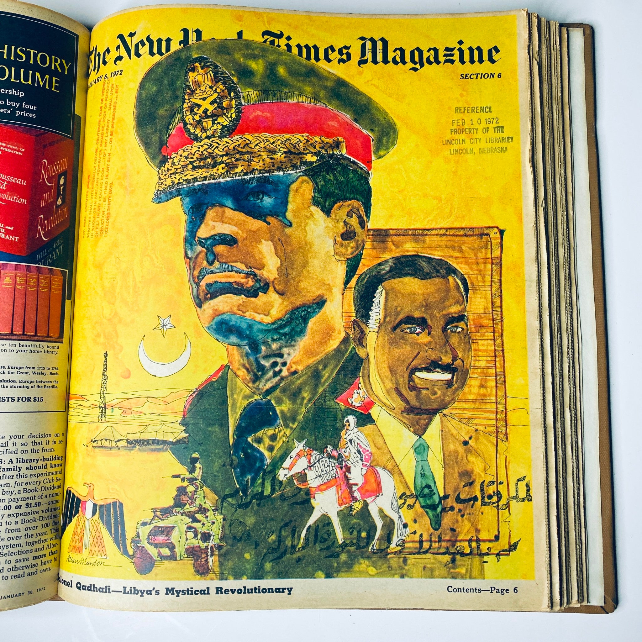 Cover image of The New York Times Magazine, February 6, 1972, featuring an artistic portrayal of Libyan leader Muammar Gaddafi, highlighting political commentary of the time.