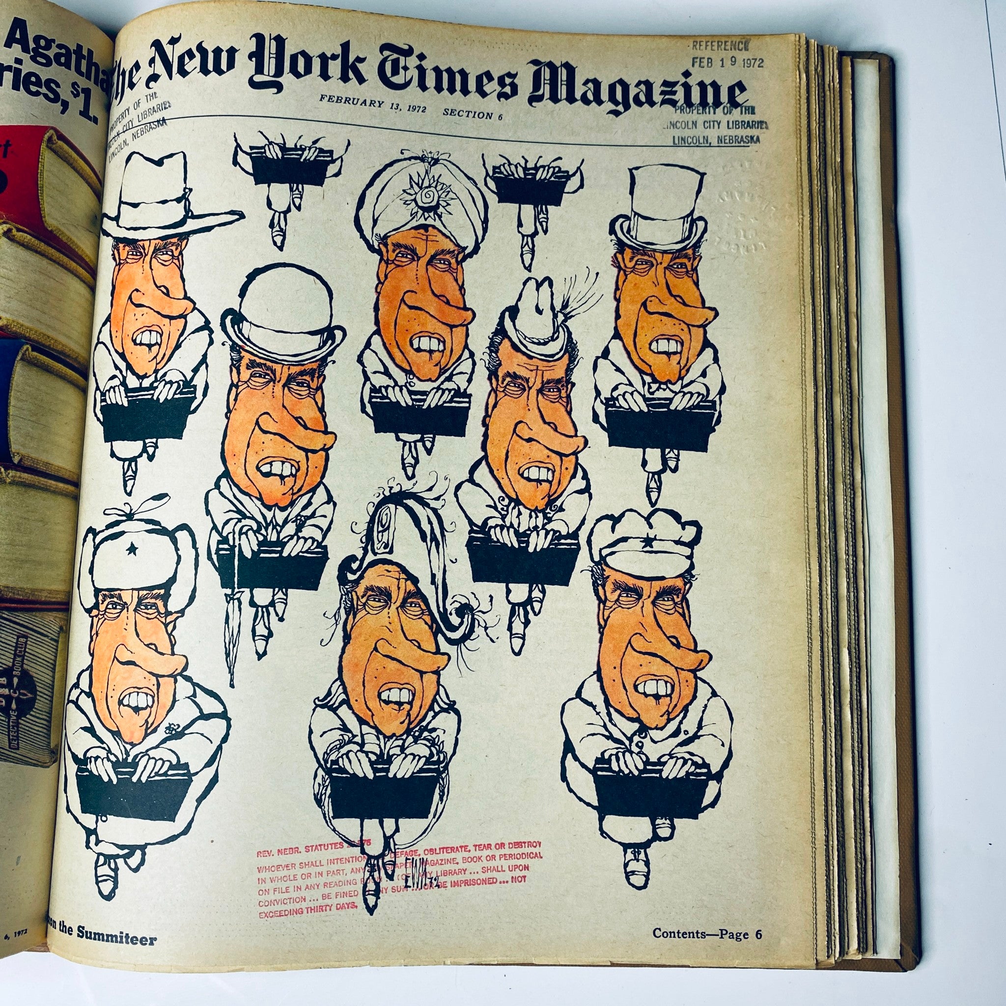 Cover image of The New York Times Magazine, February 13, 1972, displaying caricatures of various prominent figures, illustrating the satirical style of early 1970s journalism.