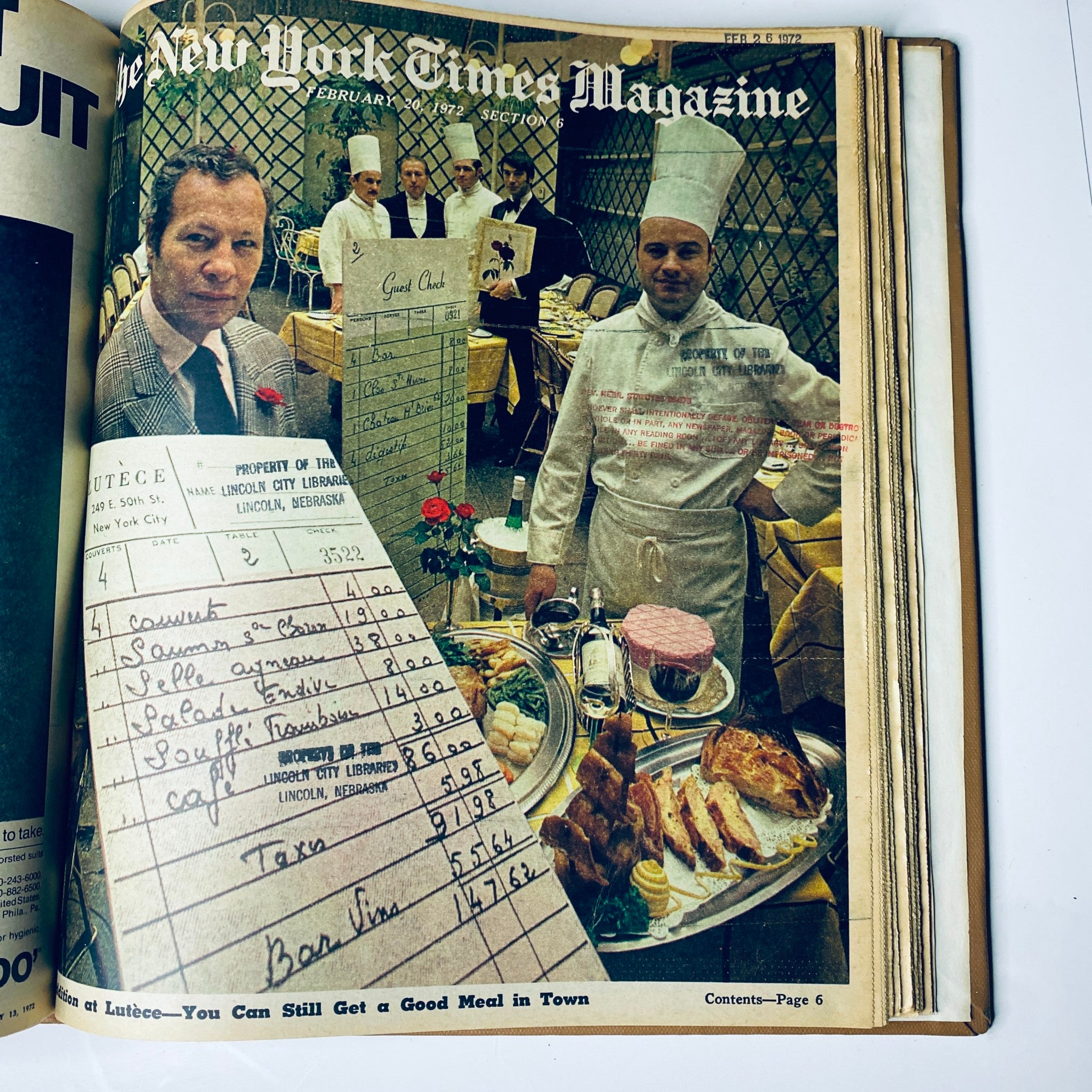 Cover image of The New York Times Magazine, February 20, 1972, featuring a chef alongside a lavish table setting, showcasing themes of dining culture during the early 1970s.