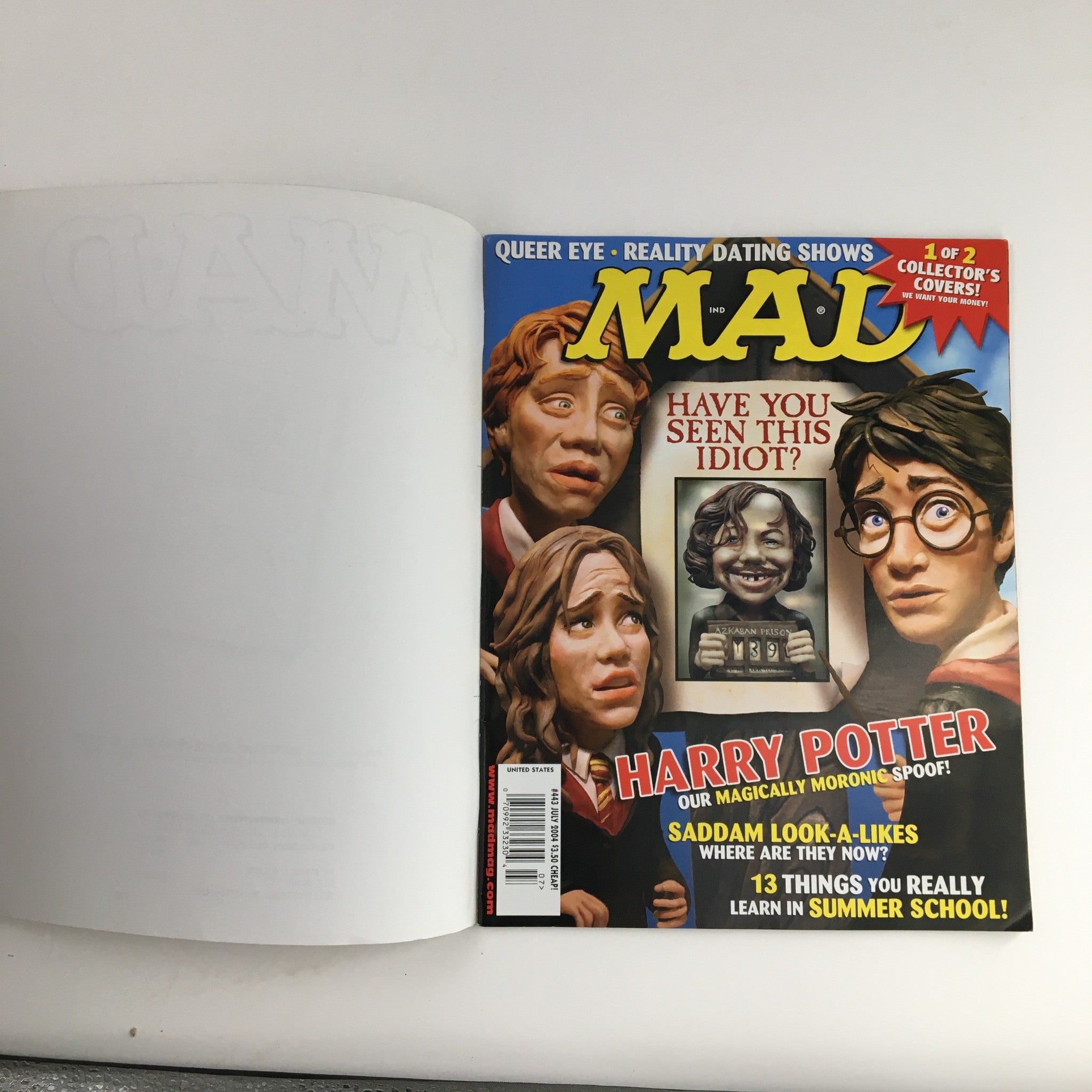 Cover of Mad Magazine July 2004 #443 featuring Harry Potter-themed parody and illustrations, showcasing comedic elements inspired by the Harry Potter universe.