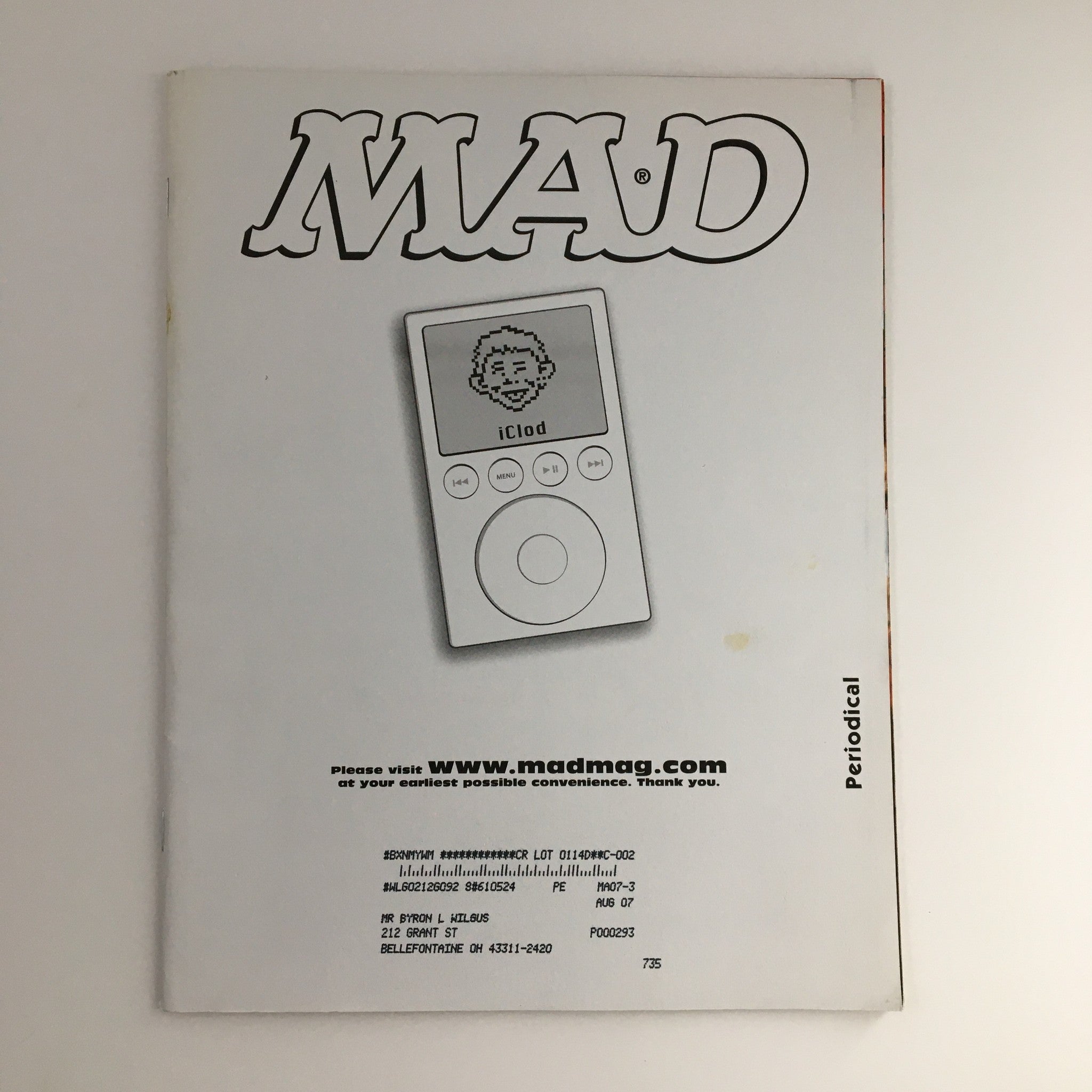 Back cover of Mad Magazine July 2004 #443, featuring a minimalist design with an iPod illustration and the magazine's logo.