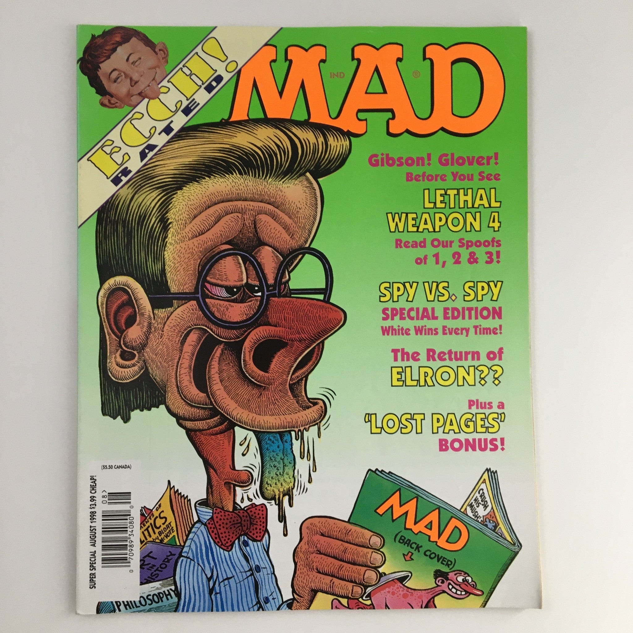 Cover of Mad Magazine August 1998 Super Special The Return of Elron, featuring an illustrated character with glasses, bow tie, and a humorous expression, promoting parodies of Lethal Weapon 4 and Spy vs. Spy.