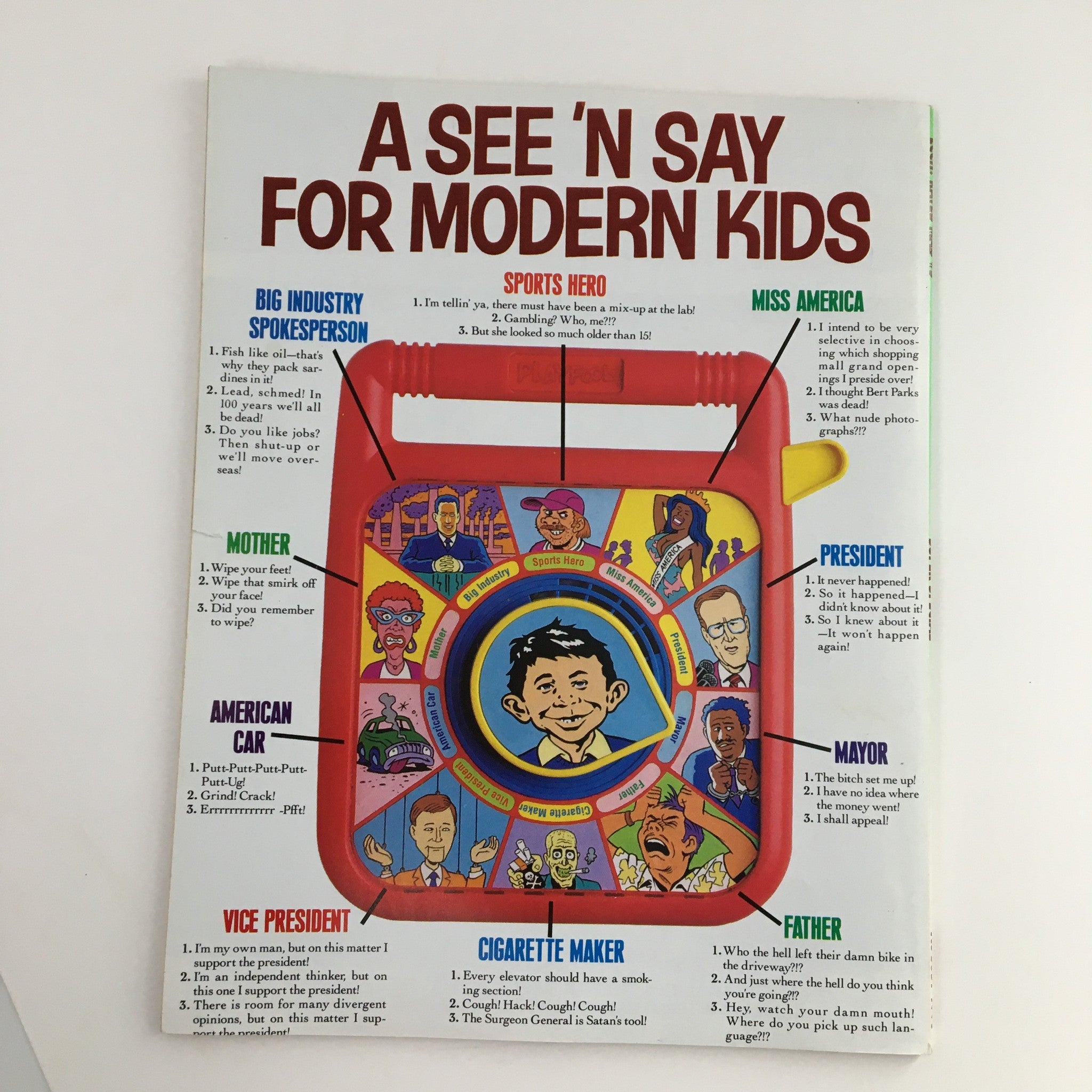 Back cover of Mad Magazine August 1998 Super Special The Return of Elron, showcasing a colorful design of a See 'n Say for Modern Kids, with various humorous characters and whimsical captions.
