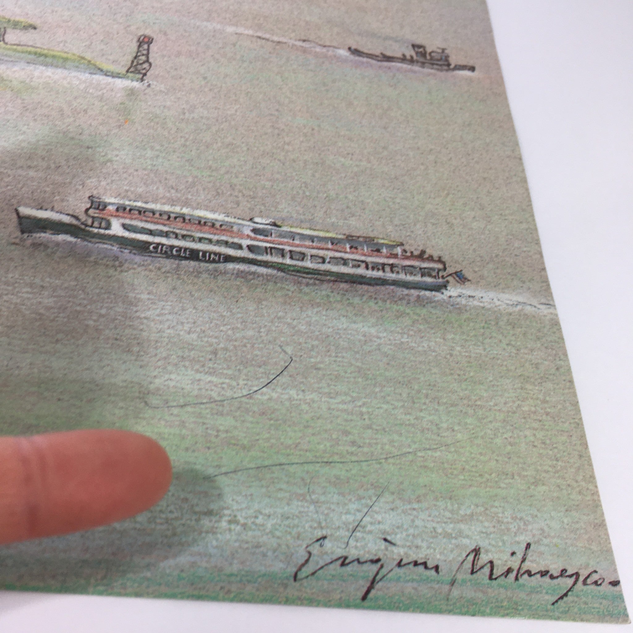 Detail of the illustrated boats on The New Yorker Magazine cover, August 6, 1984, highlighting the signature of artist Eugene Mihaesco.