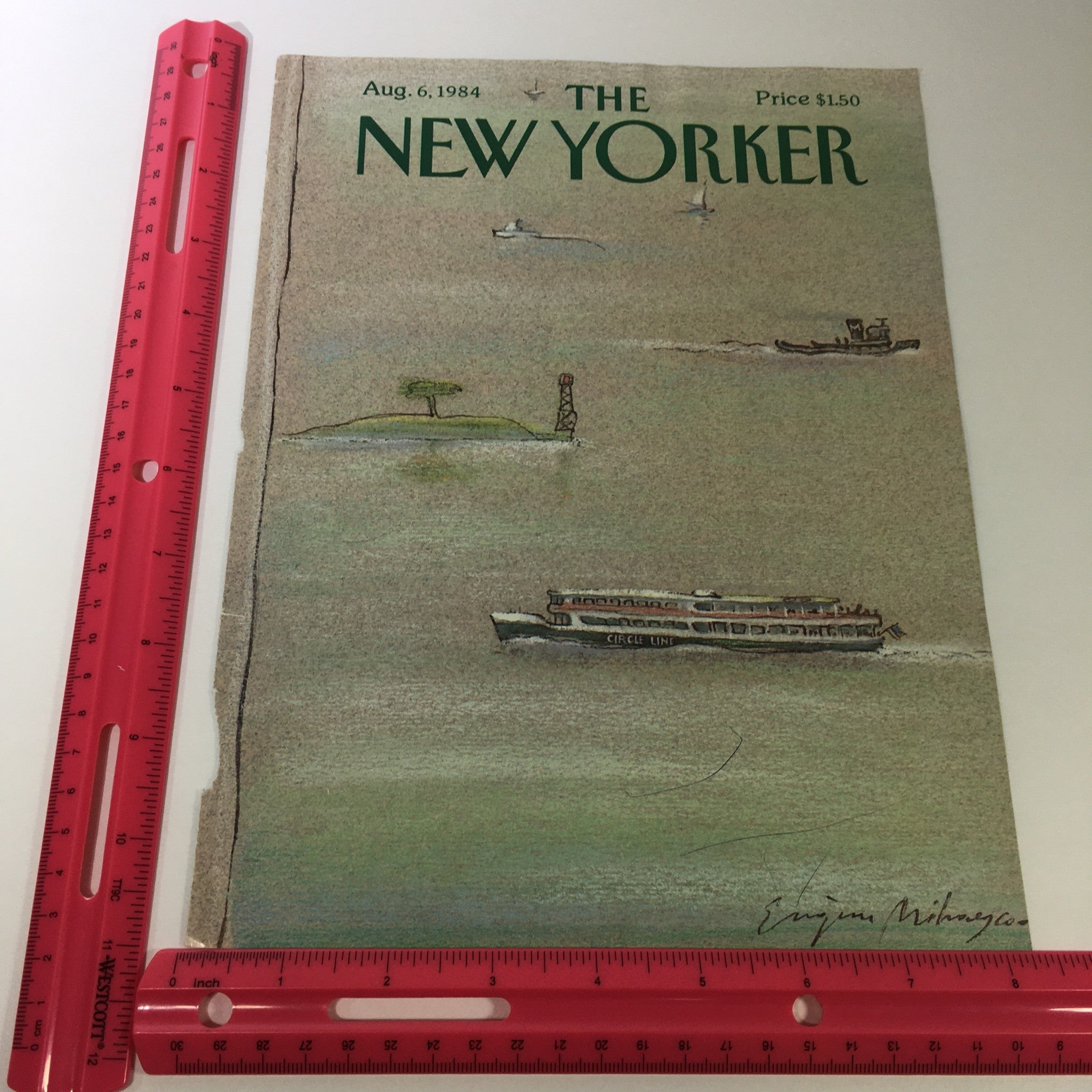 The New Yorker Magazine cover August 6, 1984, displayed alongside a ruler for size reference, showcasing the artistic design by Eugene Mihaesco.