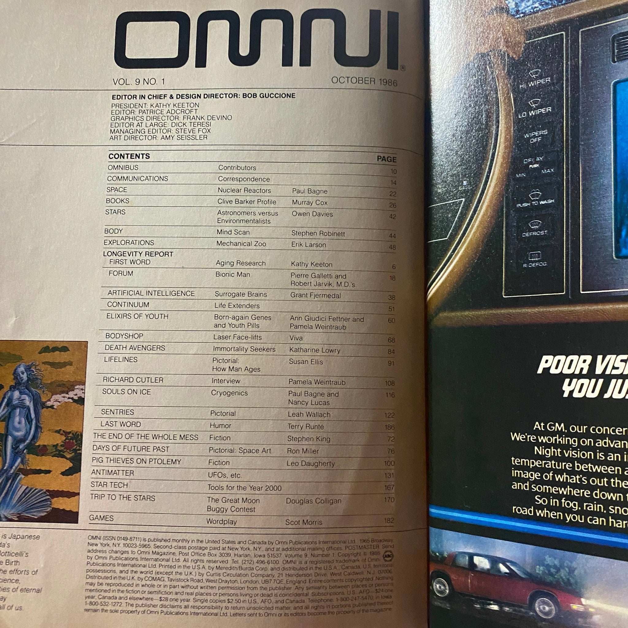 Inside contents of Omni Magazine October 1986 featuring articles on Youth Pills, Laser Face-Lifts, and Born-Again Genes.