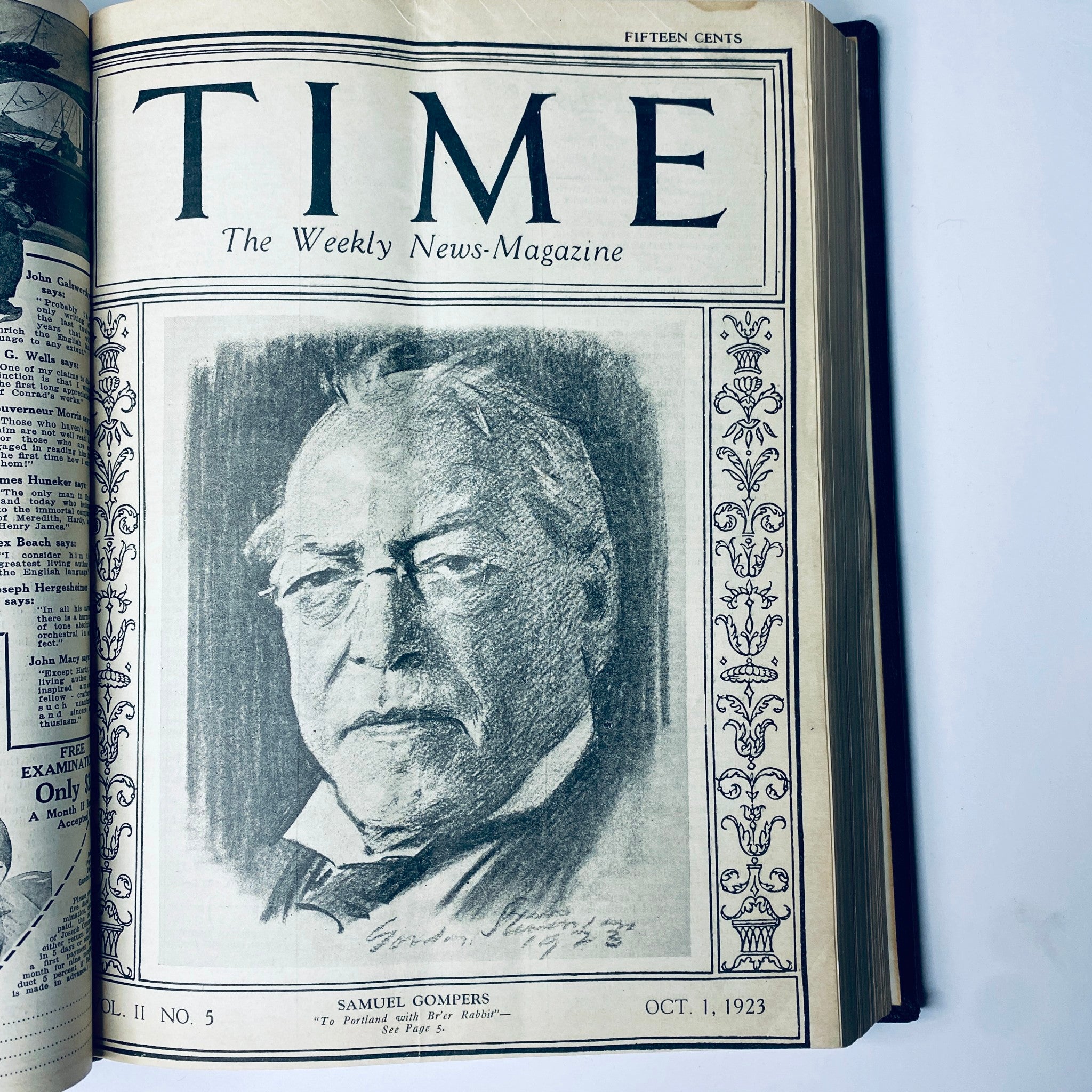 Cover of Time Magazine, October 1, 1923 featuring a portrait of Samuel Gompers, showcasing articles in the Time Magazine Bound Weekly from September to December 1923.
