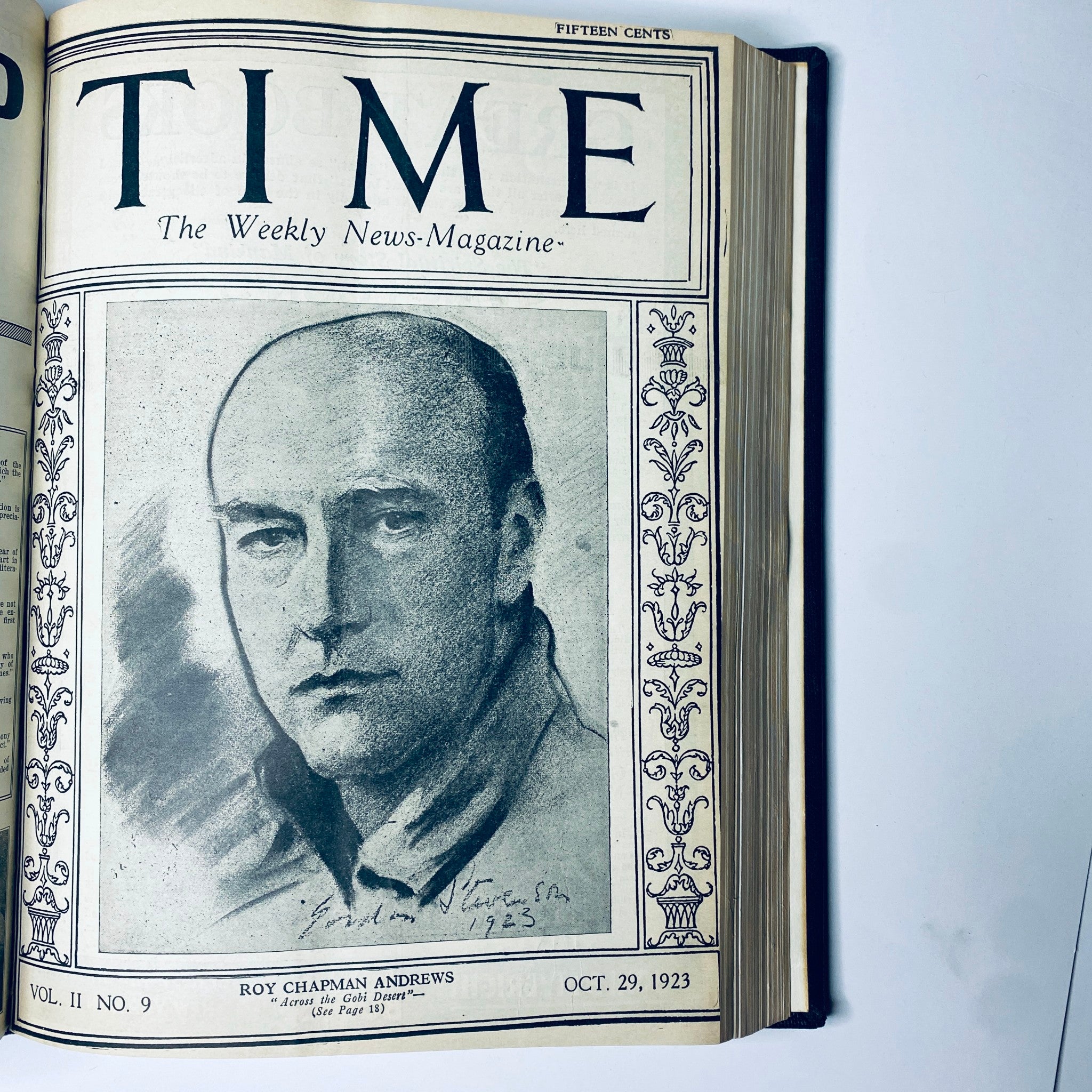 Cover page of Time Magazine from October 29, 1923, featuring a sketch of Roy Chapman Andrews, part of the Time Magazine Bound Weekly 1923 collection.