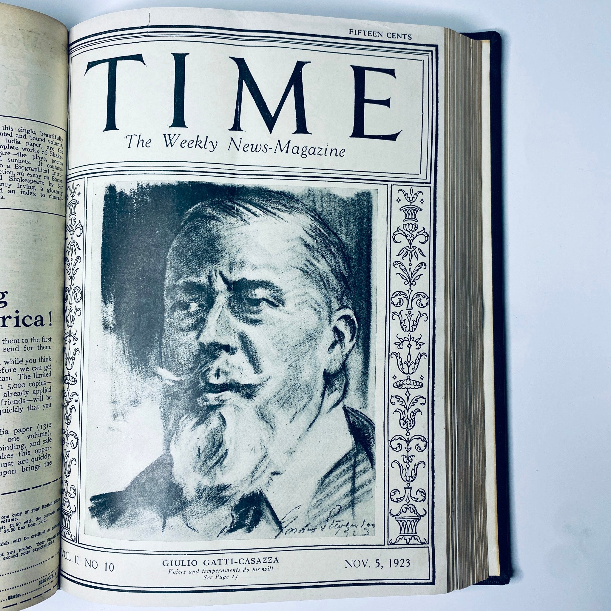 Time Magazine cover featuring a portrait of Giulio Gatti-Casazza, published on November 5, 1923, part of the Time Magazine Bound Weekly 1923 Sep-Dec collection.