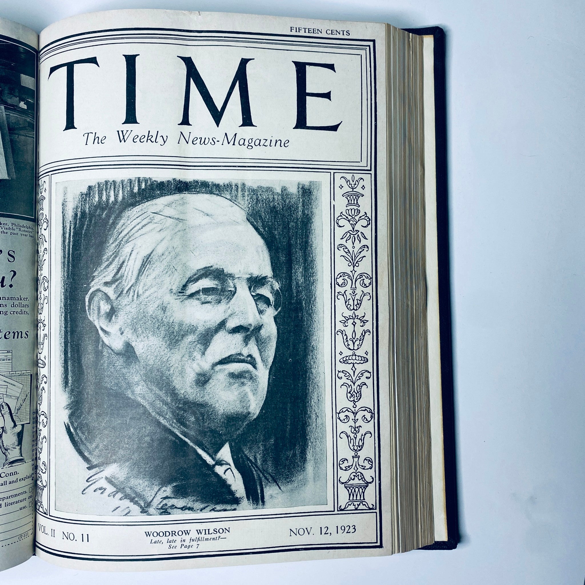 Time Magazine cover showcasing a portrait of Woodrow Wilson, published on November 12, 1923, included in the Time Magazine Bound Weekly 1923 Sep-Dec edition.