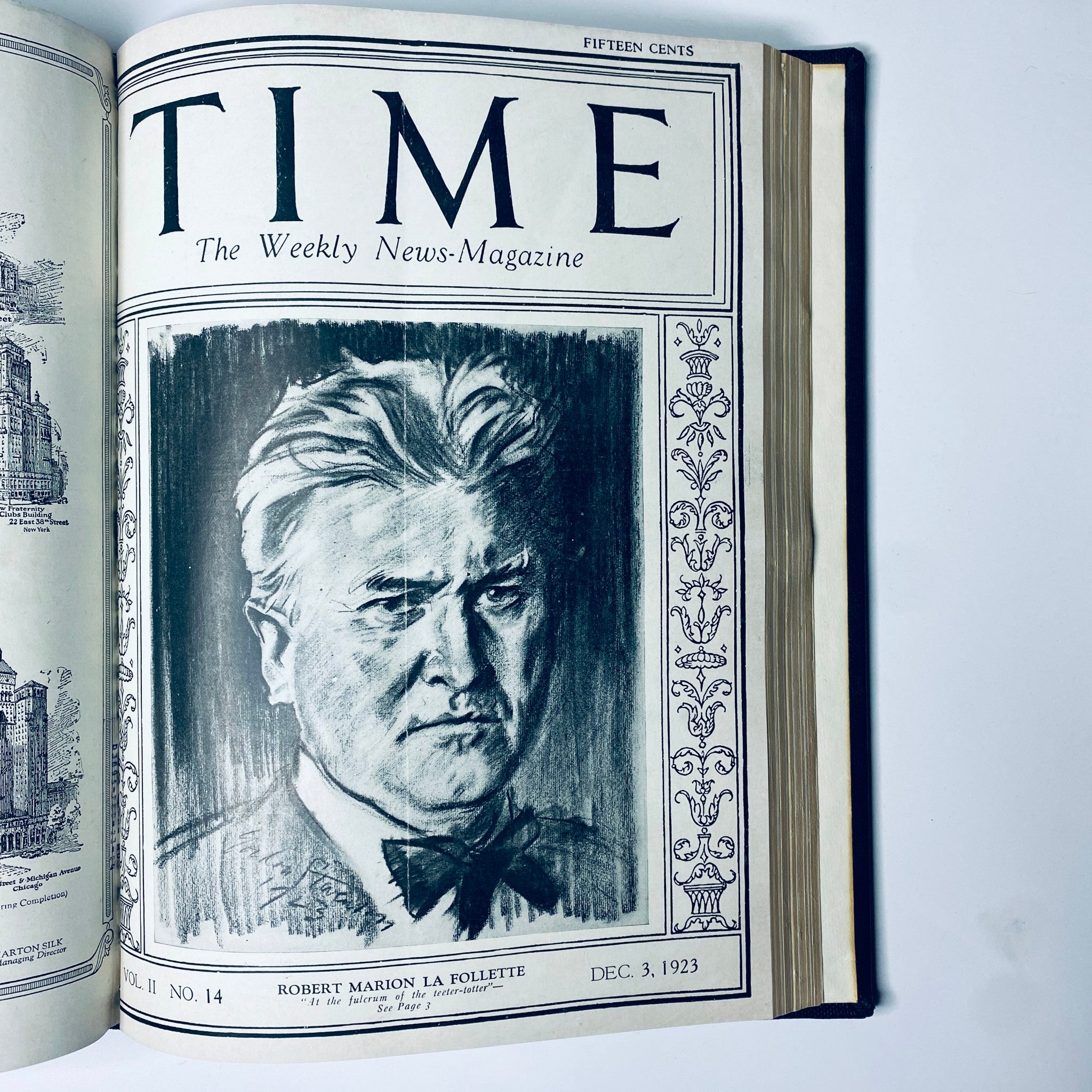 Time Magazine cover featuring a portrait of Robert Marion La Follette, published on December 3, 1923, included in the Time Magazine Bound Weekly 1923 Sep-Dec collection.