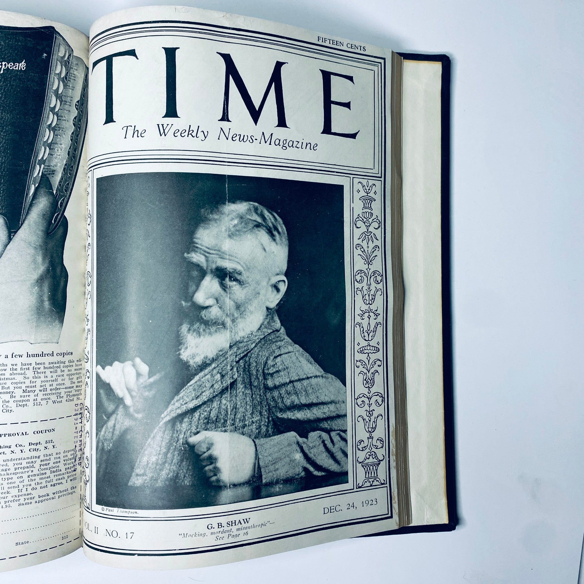 Cover page of Time Magazine from December 24, 1923, highlighting G. B. Shaw, a notable literary figure, as part of the Time Magazine Bound Weekly collection from September to December 1923.