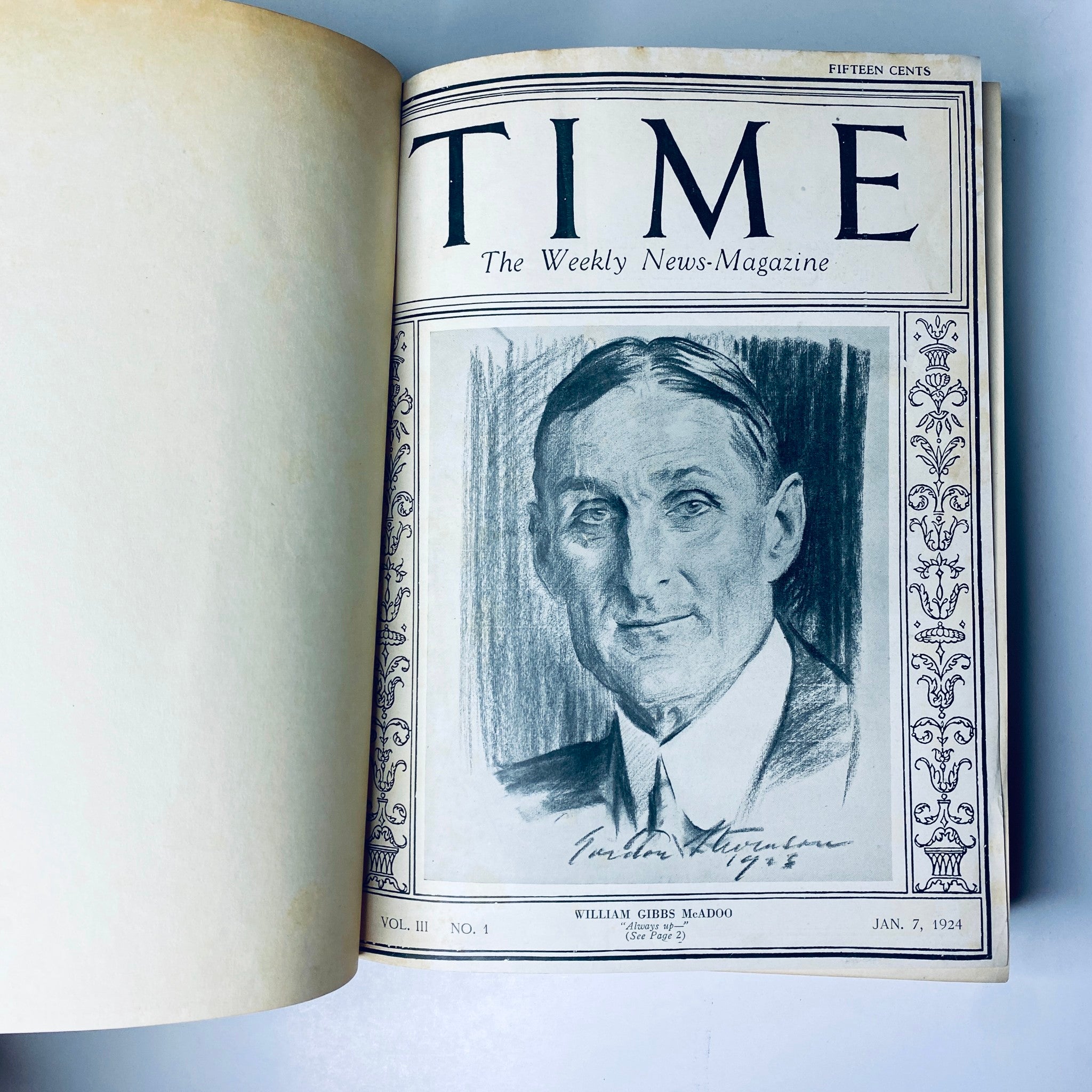 Cover page of the Time Magazine Bound Weekly 1924 January - June Taft Borah King 26 issues, featuring the portrait of William Gibbs McAdoo from January 7, 1924.