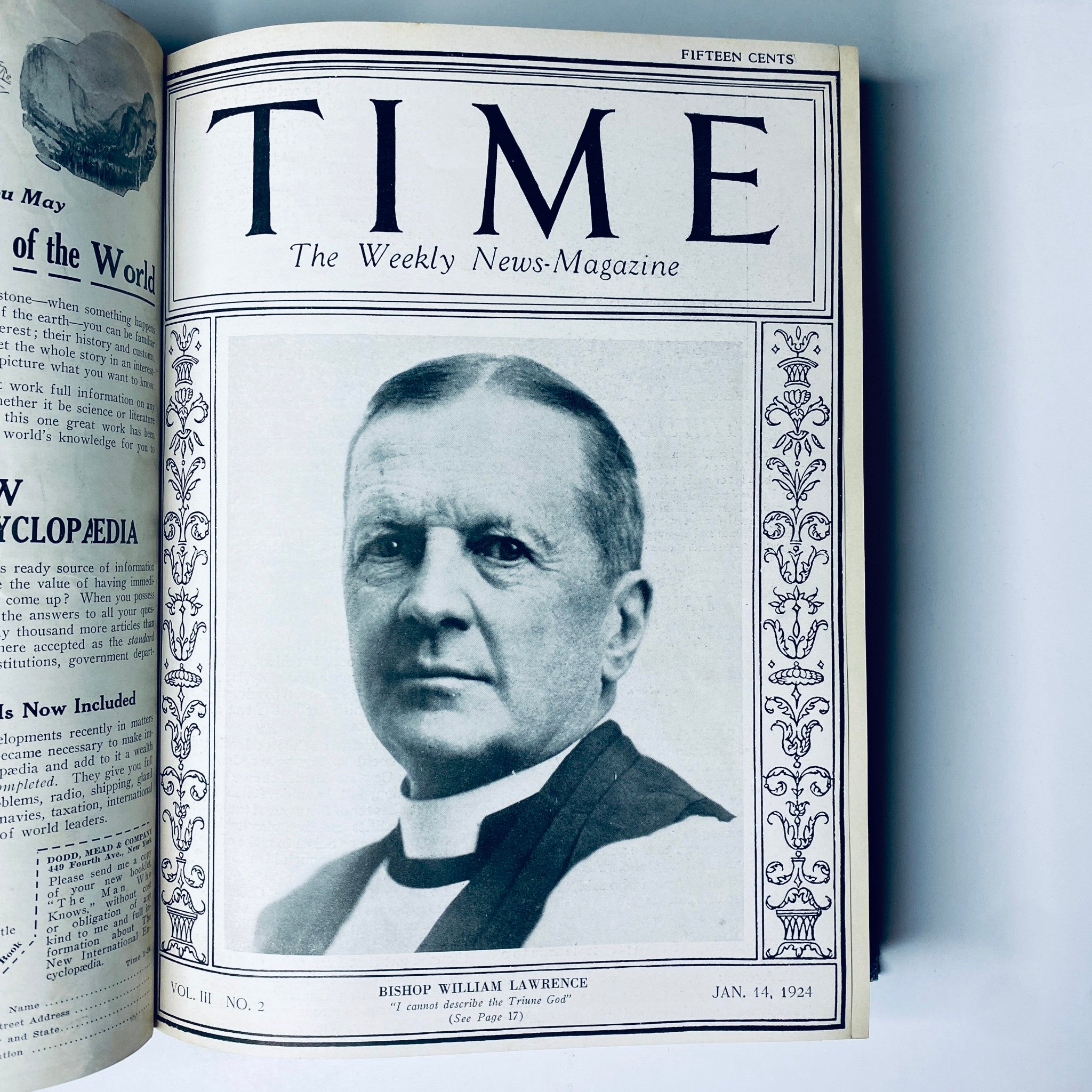 Cover page of the Time Magazine Bound Weekly 1924 January - June Taft Borah King 26 issues, showcasing the image of Bishop William Lawrence from January 14, 1924.