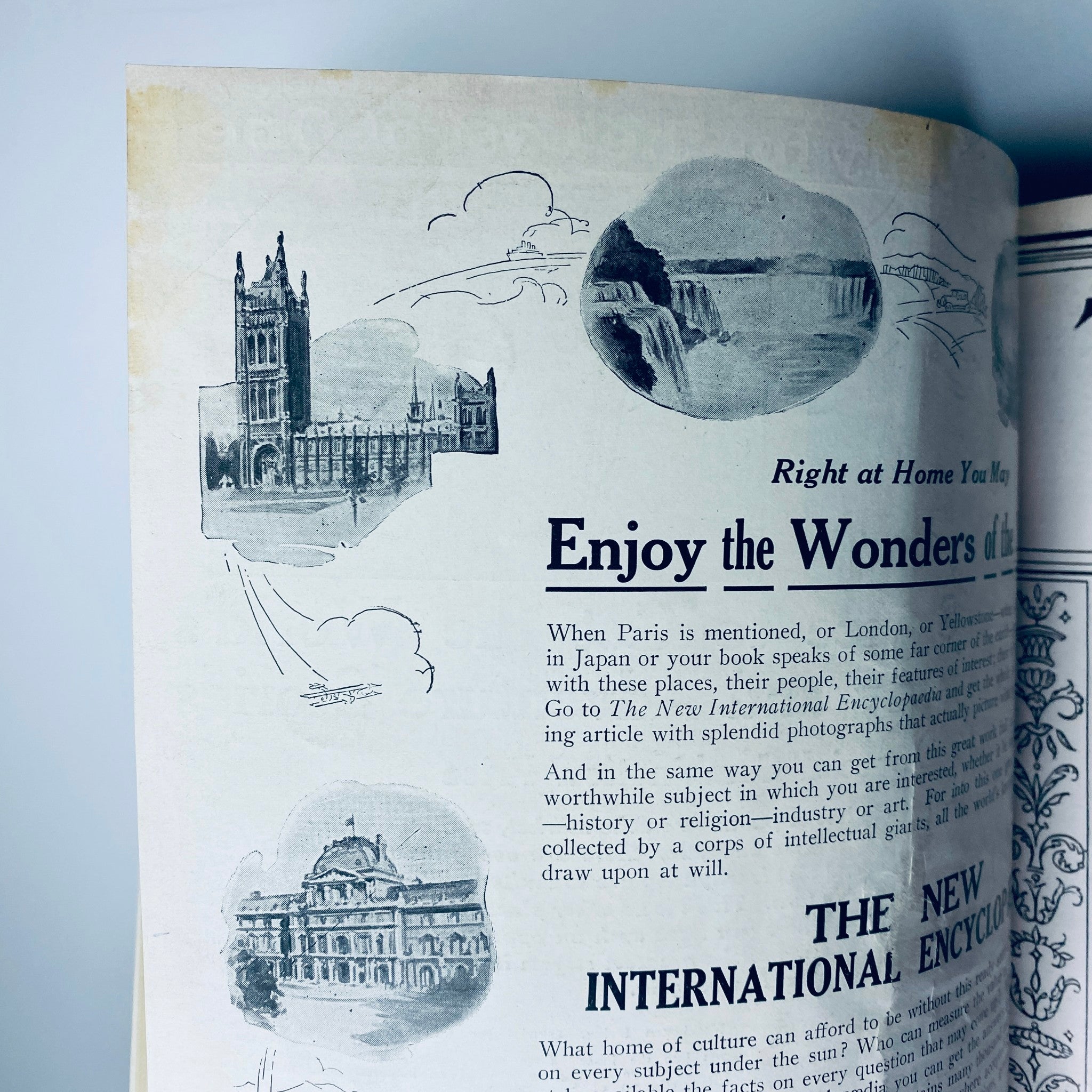 Illustration from Time Magazine Bound Weekly 1924 January - June showcasing iconic landmarks like Westminster Abbey and Niagara Falls, emphasizing the cultural significance of the era.