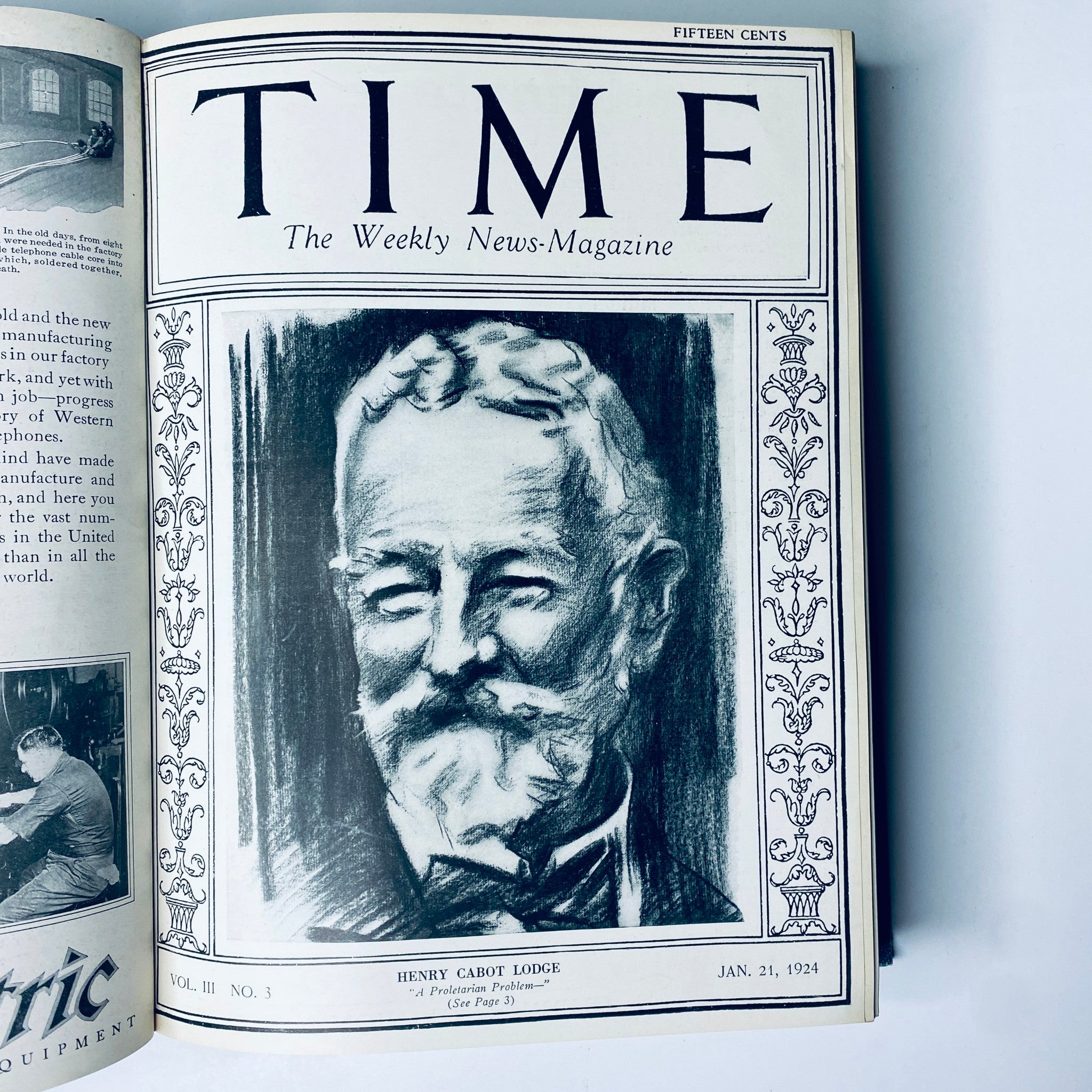 Cover of Time Magazine dated January 21, 1924, featuring a portrait of Henry Cabot Lodge, part of the Time Magazine Bound Weekly 1924 January - June collection.