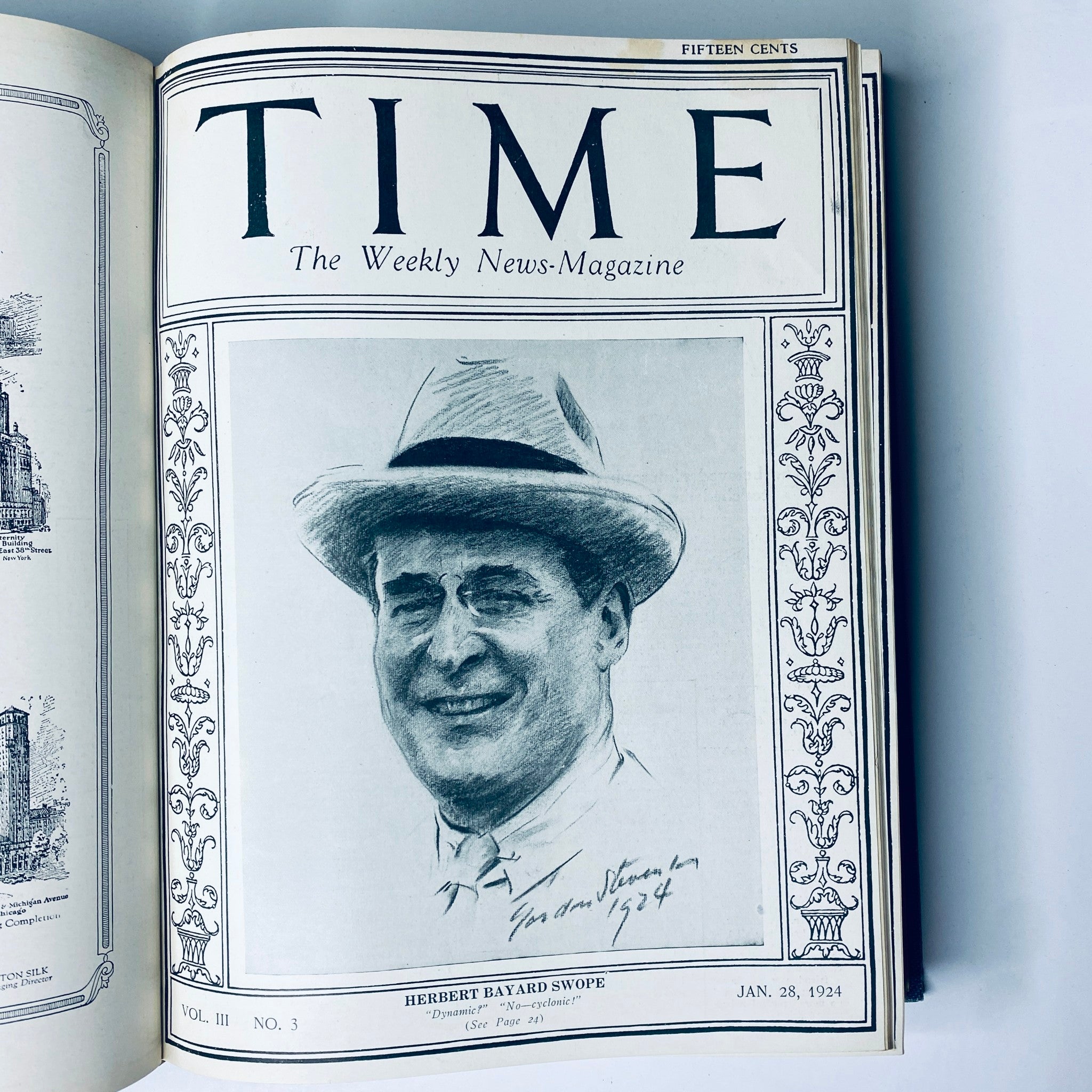 Cover of Time Magazine dated January 28, 1924, displaying an illustration of Herbert Bayard Swope, included in the Time Magazine Bound Weekly 1924 January - June compilation.