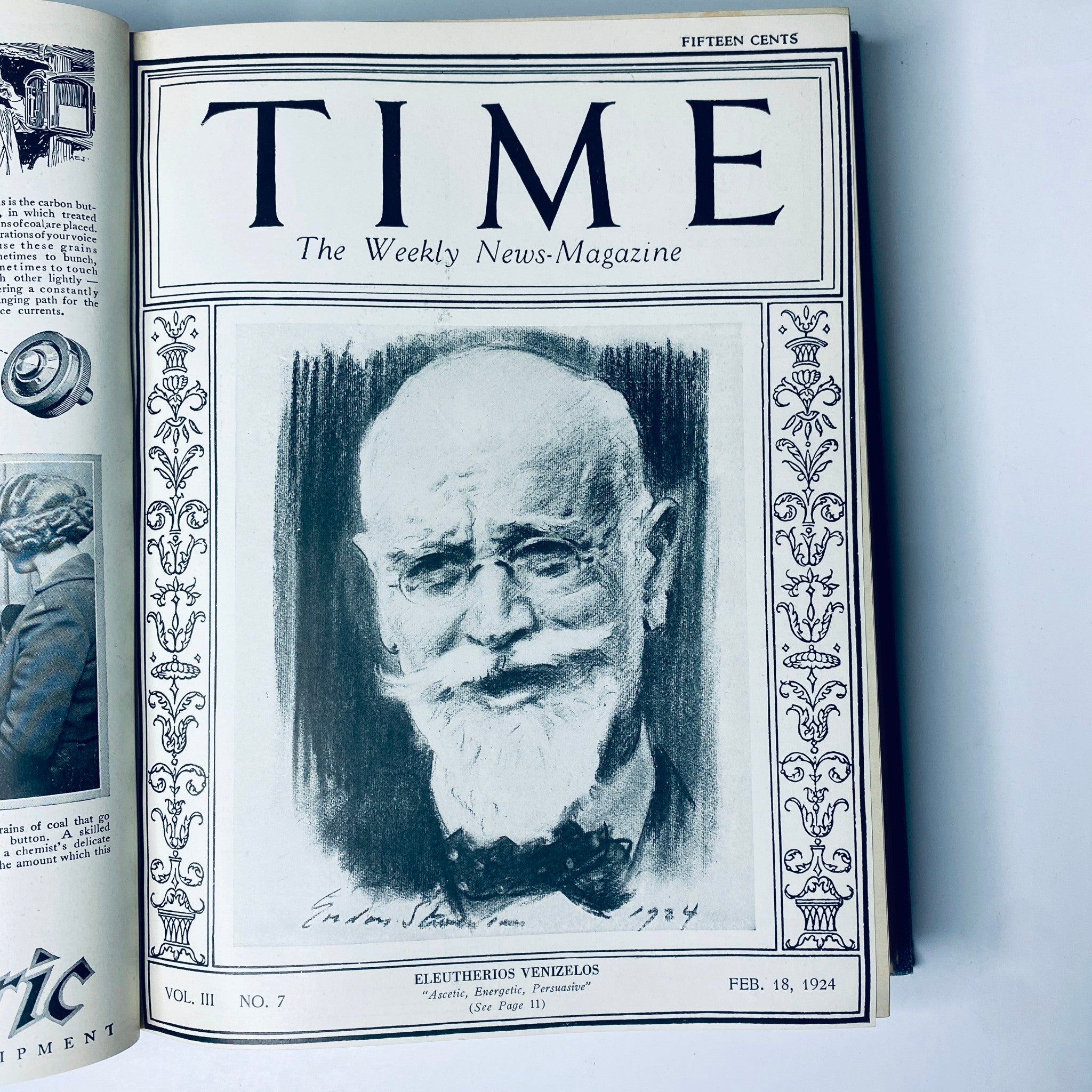 Cover of Time Magazine, February 18, 1924, featuring Eleutherios Venizelos, as showcased in the Time Magazine Bound Weekly 1924 January - June Taft Borah King 26 issues.