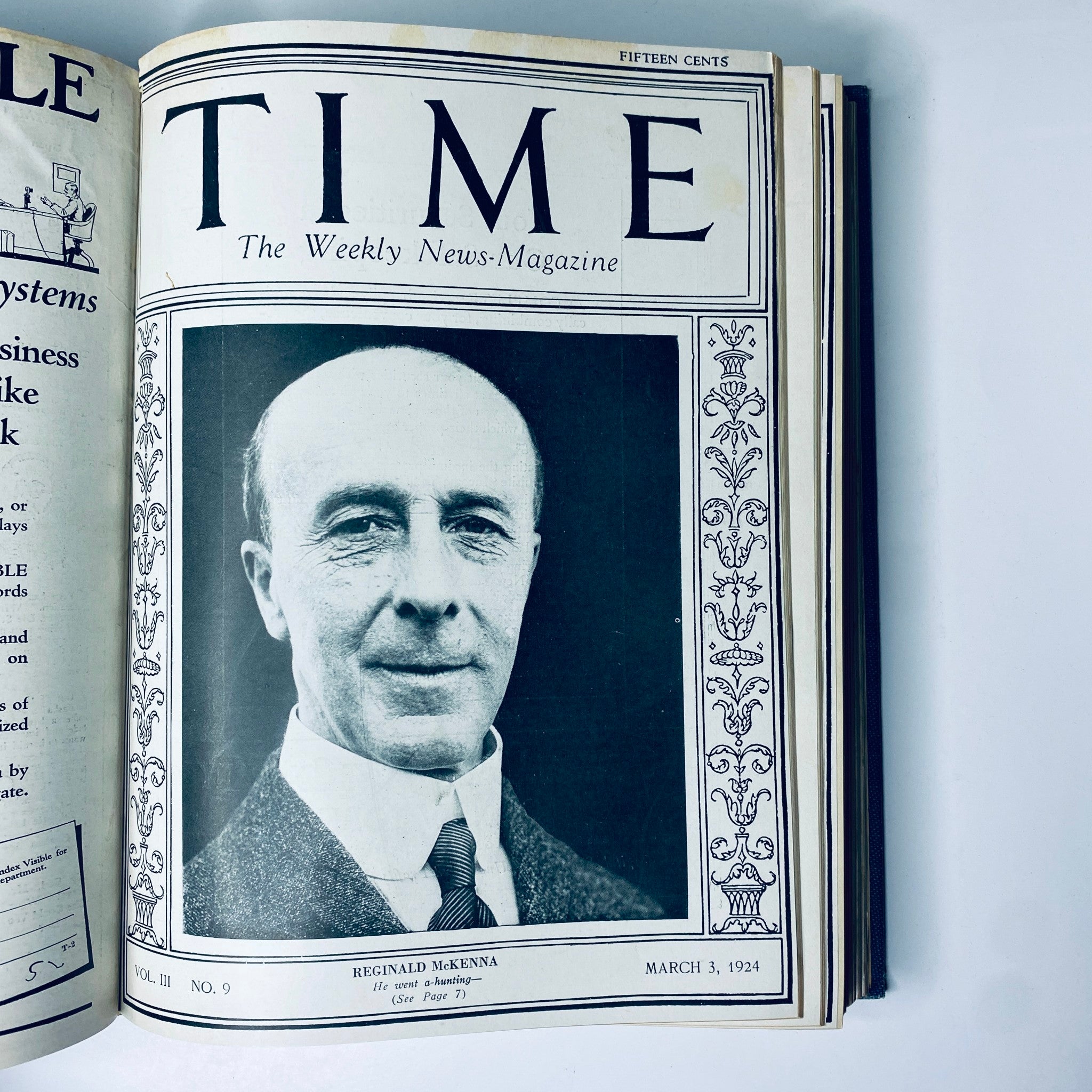 Cover of Time Magazine, March 3, 1924, featuring Reginald McKenna, part of the Time Magazine Bound Weekly 1924 January - June Taft Borah King 26 issues.