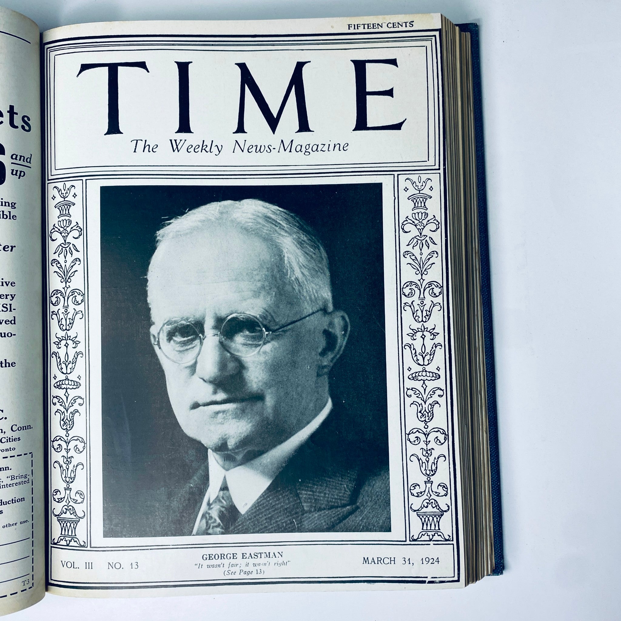Cover of Time Magazine from March 31, 1924, featuring George Eastman, an iconic figure in photography, as part of the Time Magazine Bound Weekly 1924 January - June collection.