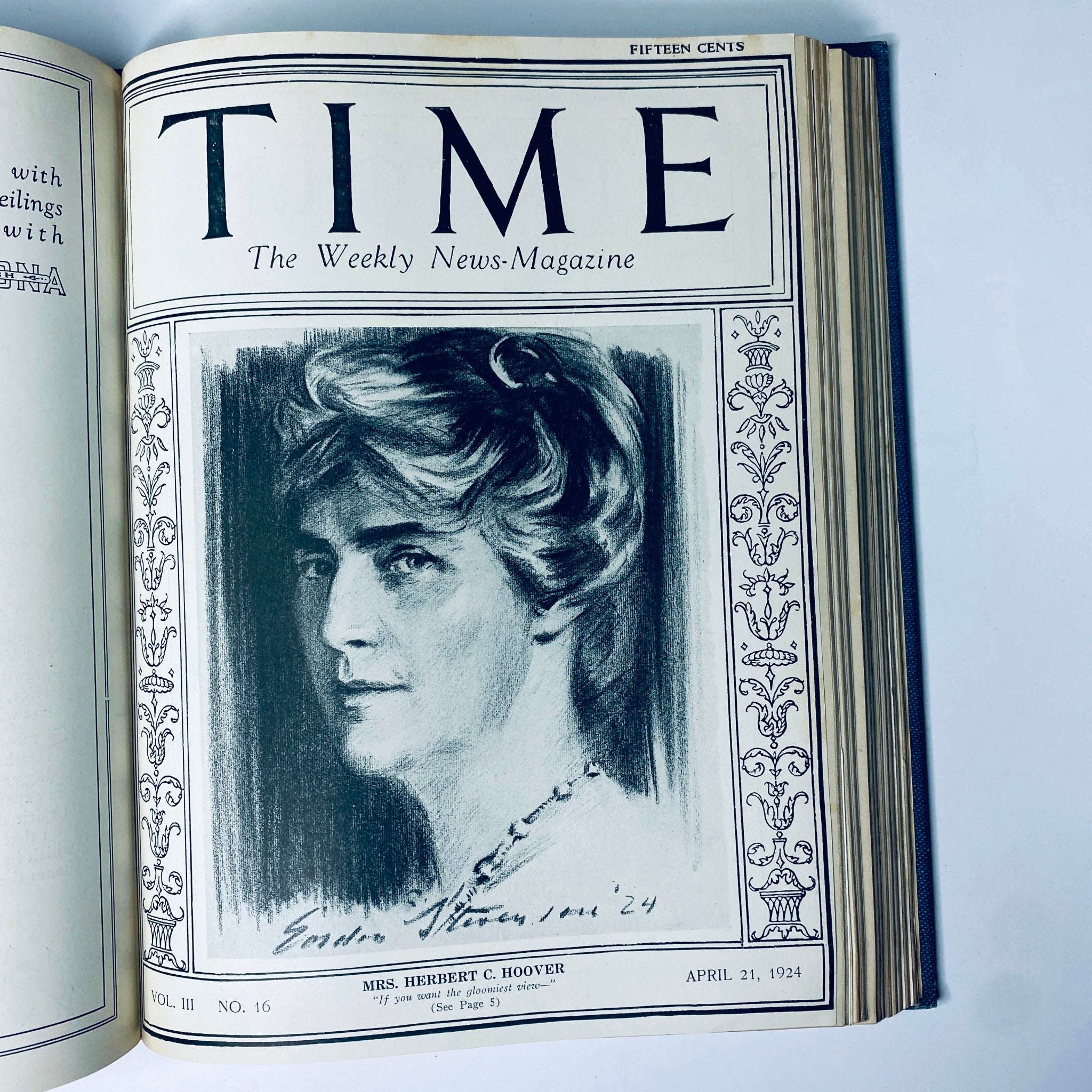 Cover of Time Magazine from April 21, 1924, depicting Mrs. Herbert C. Hoover, an influential figure of the era, in the Time Magazine Bound Weekly 1924 January - June collection.