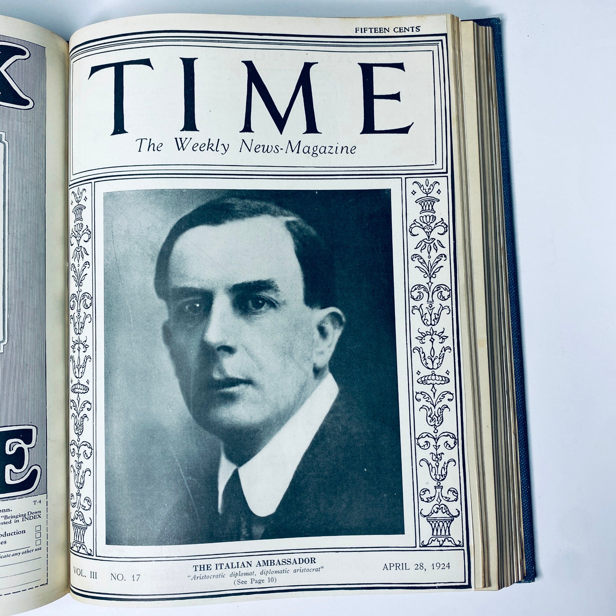 Cover of Time Magazine from April 28, 1924, showing the Italian Ambassador, reflecting on international relations, as part of the Time Magazine Bound Weekly 1924 January - June series.