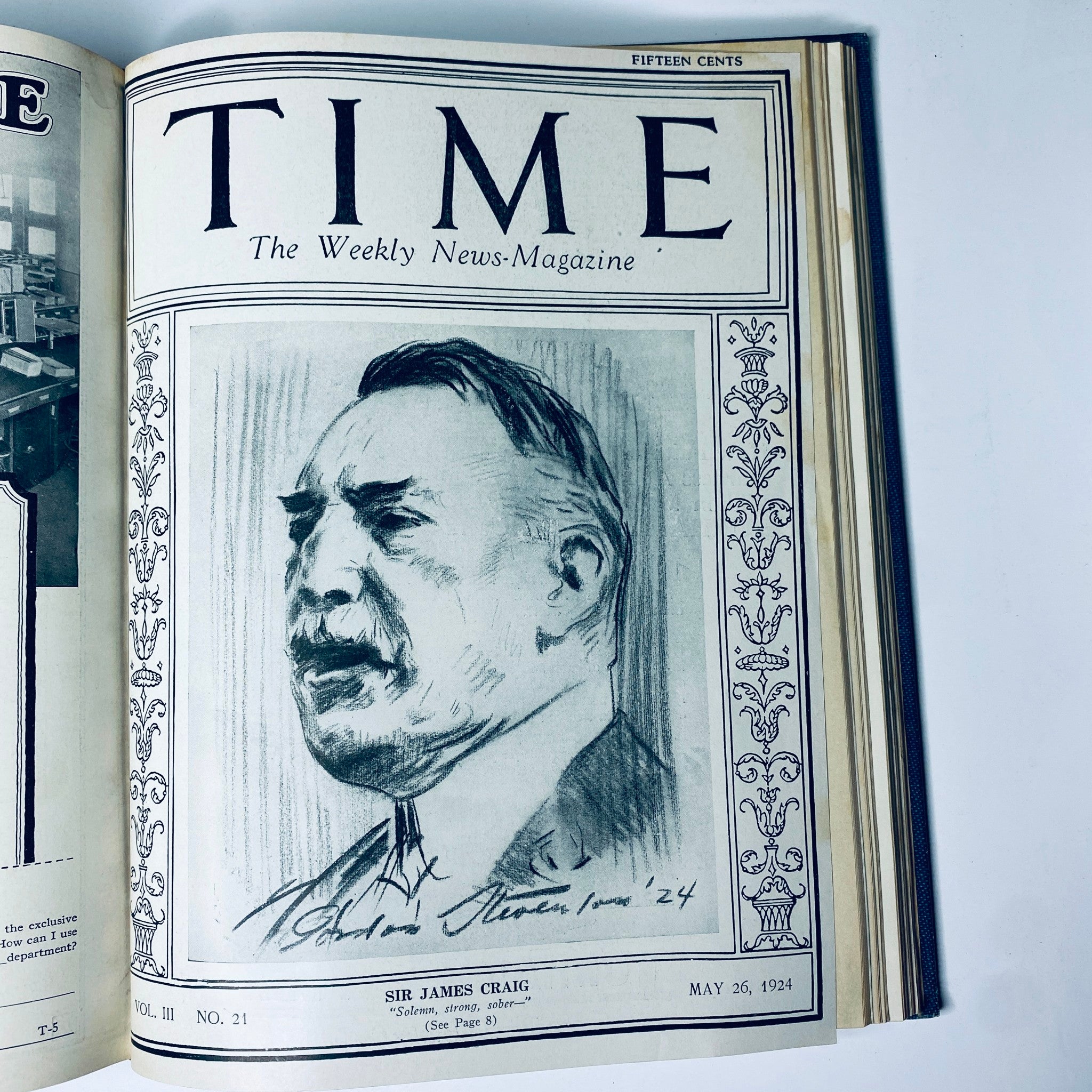 Time Magazine Bound Weekly January - June 1924 presenting Sir James Craig. The cover captures Craig's role in early 20th-century politics and governance.