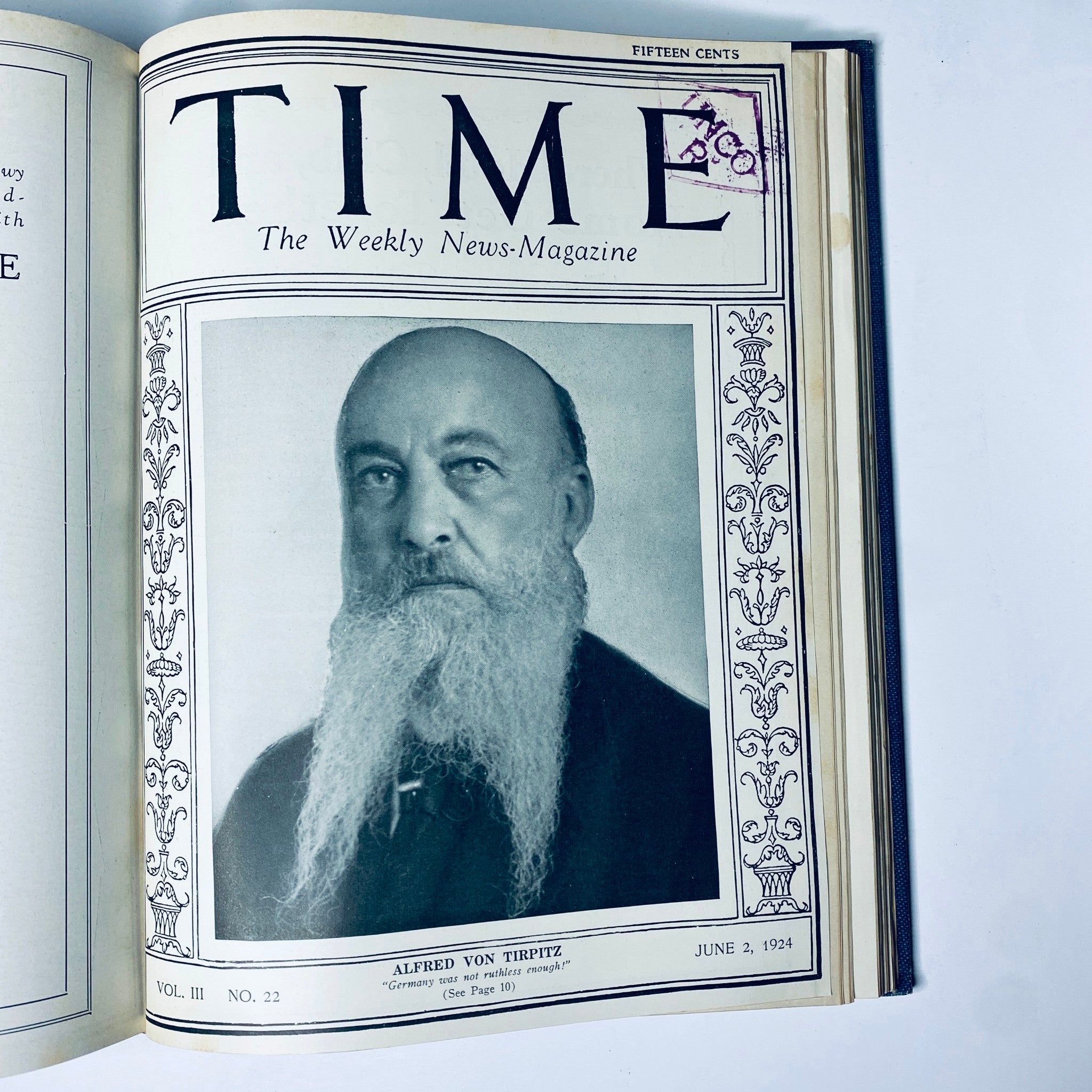 Time Magazine Bound Weekly January - June 1924 depicting Alfred Von Tirpitz. This cover emphasizes Tirpitz's influential role in naval affairs and German politics.