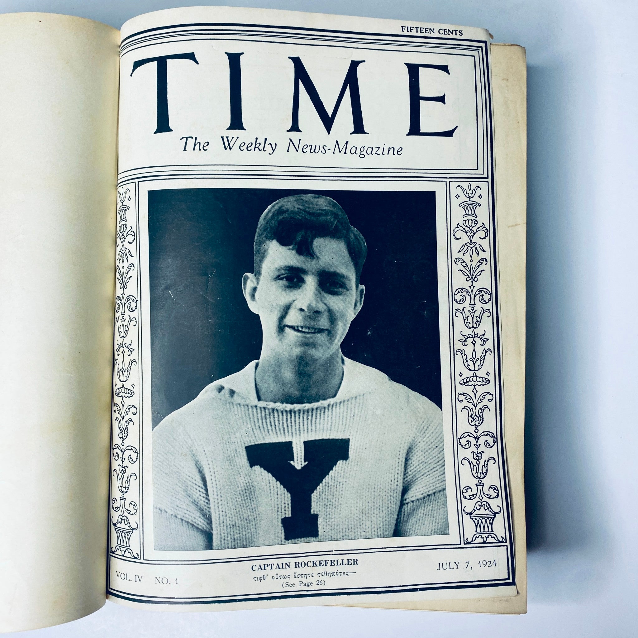 Cover of Time Magazine dated July 7, 1924, featuring Captain Rockefeller, part of the Time Magazine Bound Weekly 1924 July - December.