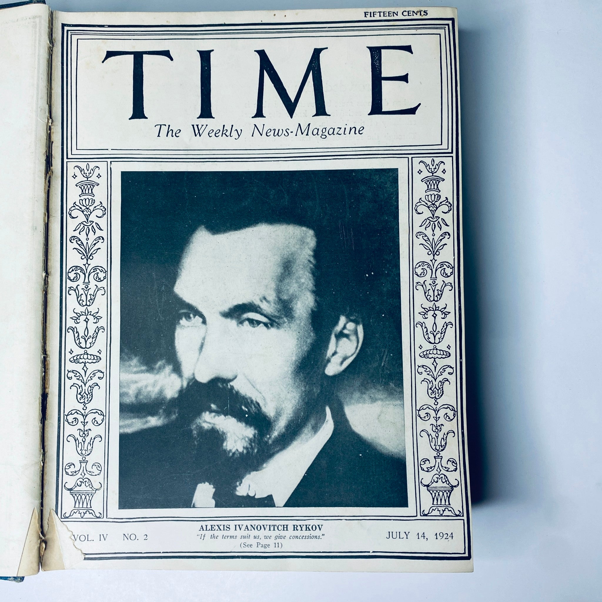 Cover of Time Magazine dated July 14, 1924, featuring Alexis Ivanotich Rykov, included in Time Magazine Bound Weekly 1924 July - December.