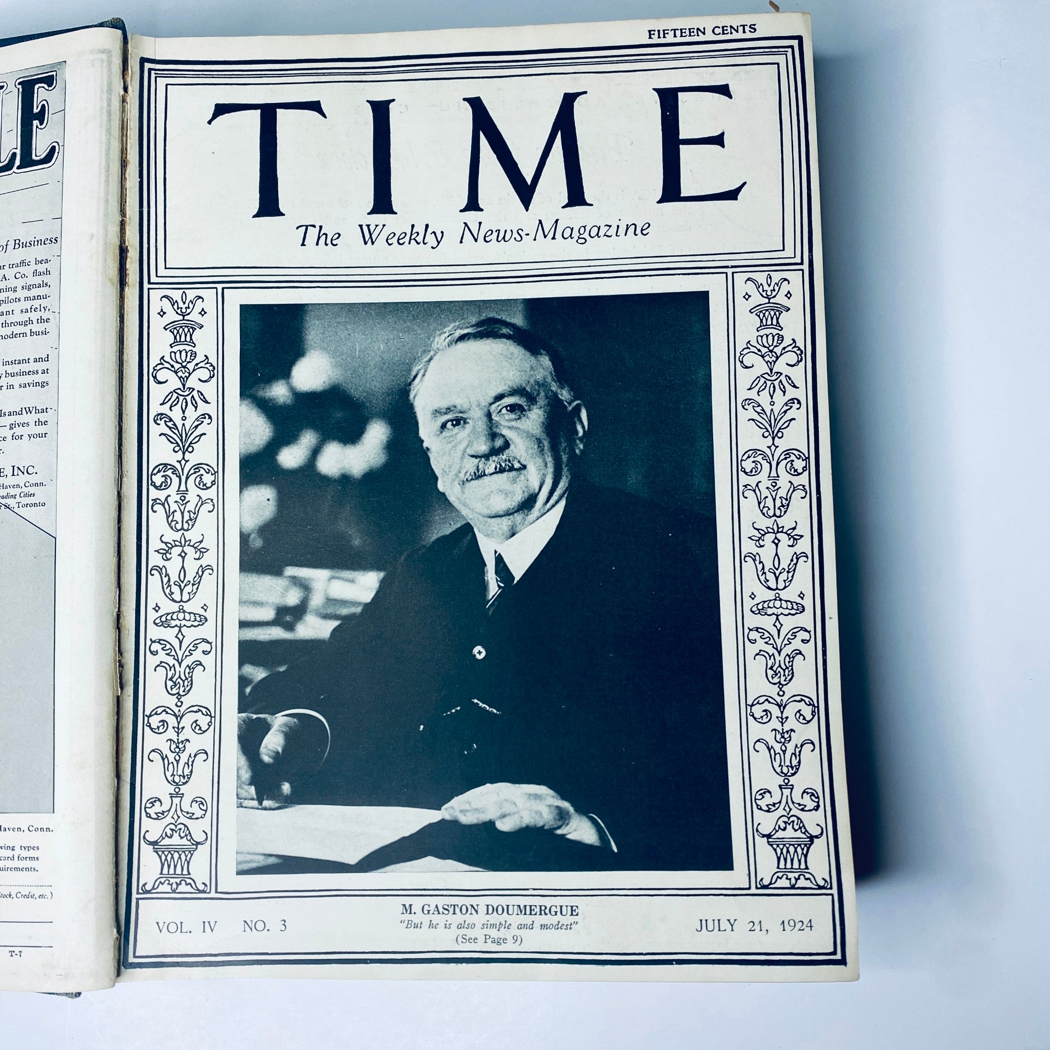 Cover of Time Magazine dated July 21, 1924, featuring M. Gaston Doumergue, part of the Time Magazine Bound Weekly 1924 July - December.