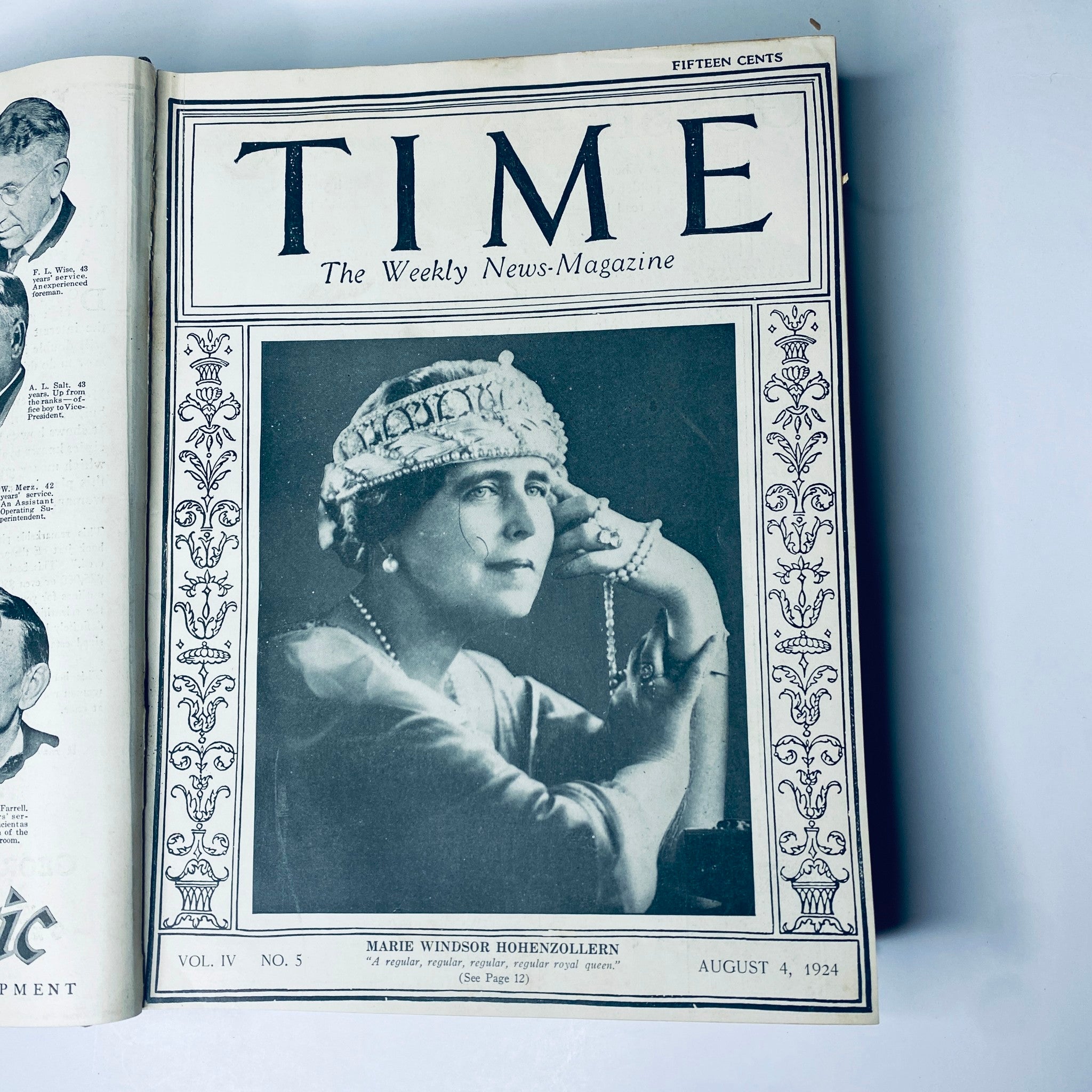 Time Magazine cover from August 4, 1924 showcasing Marie Windsor Hohenzollern, a notable personality, included in the bound volume for July to December 1924.