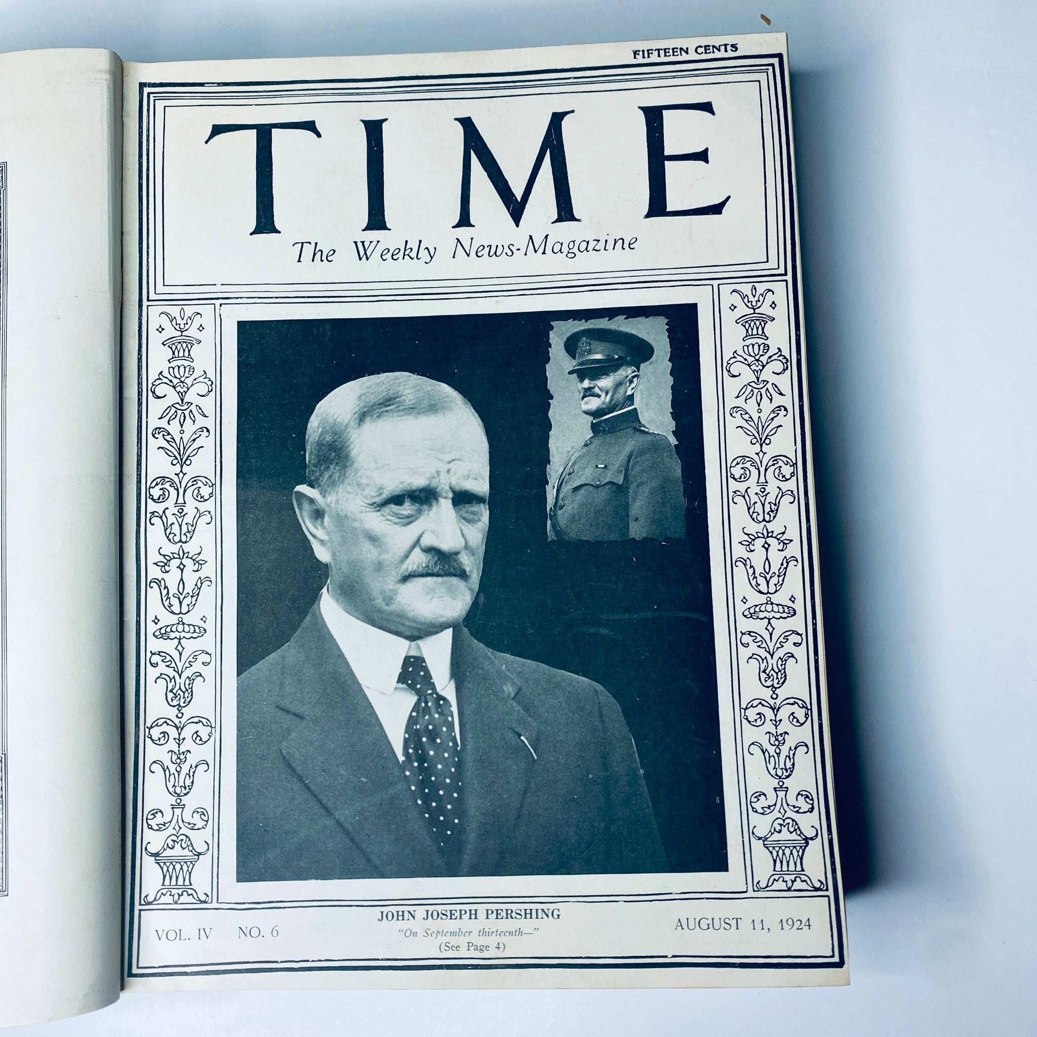Time Magazine cover from August 11, 1924 depicting John Joseph Pershing, a significant military leader, as part of the July to December 1924 bound magazine collection.